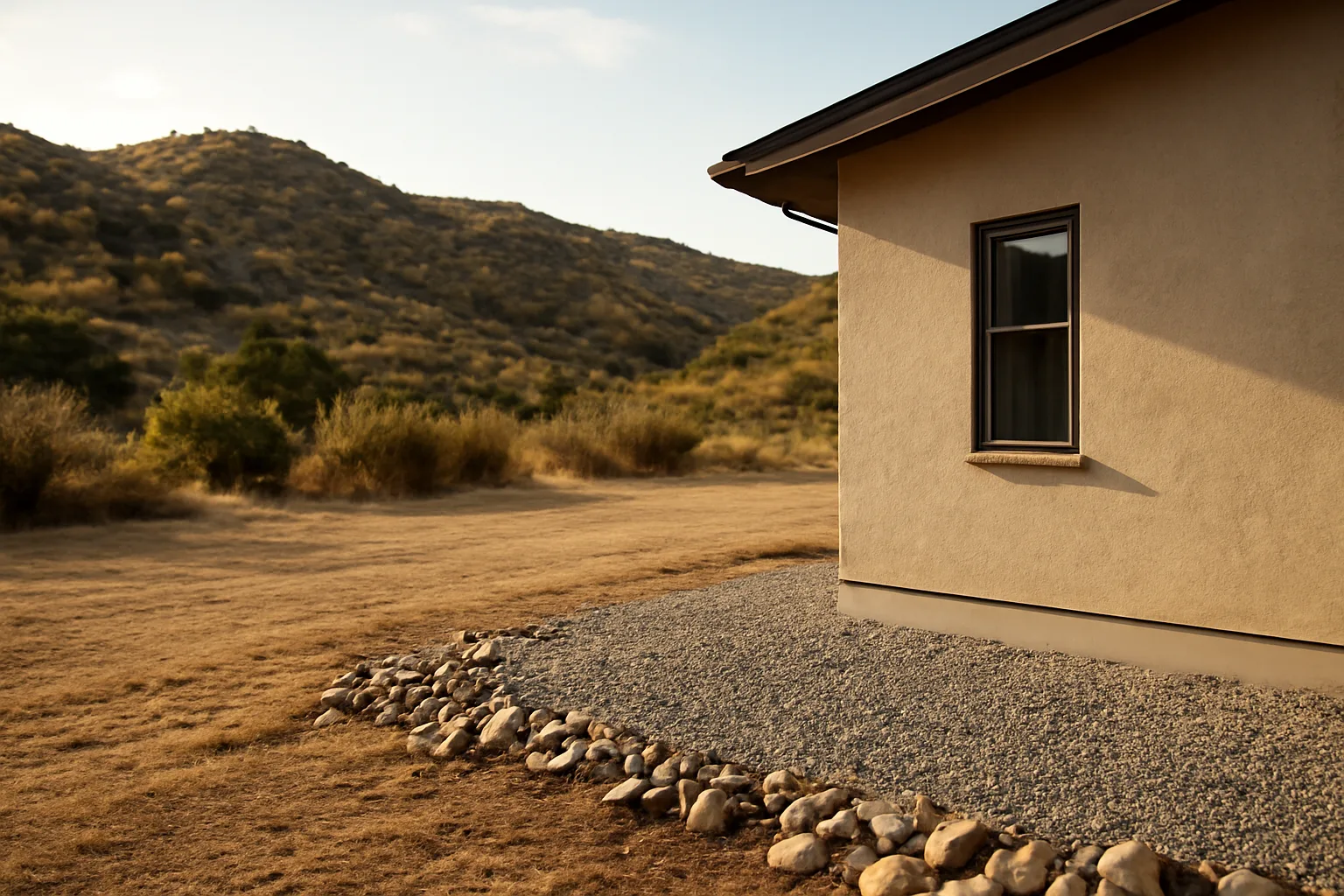 Home foundation with gravel buffer and cleared brush showing California defensible space zone requirements