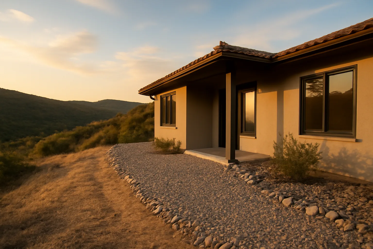California home with cleared defensible space zone between house and dry hillside brush