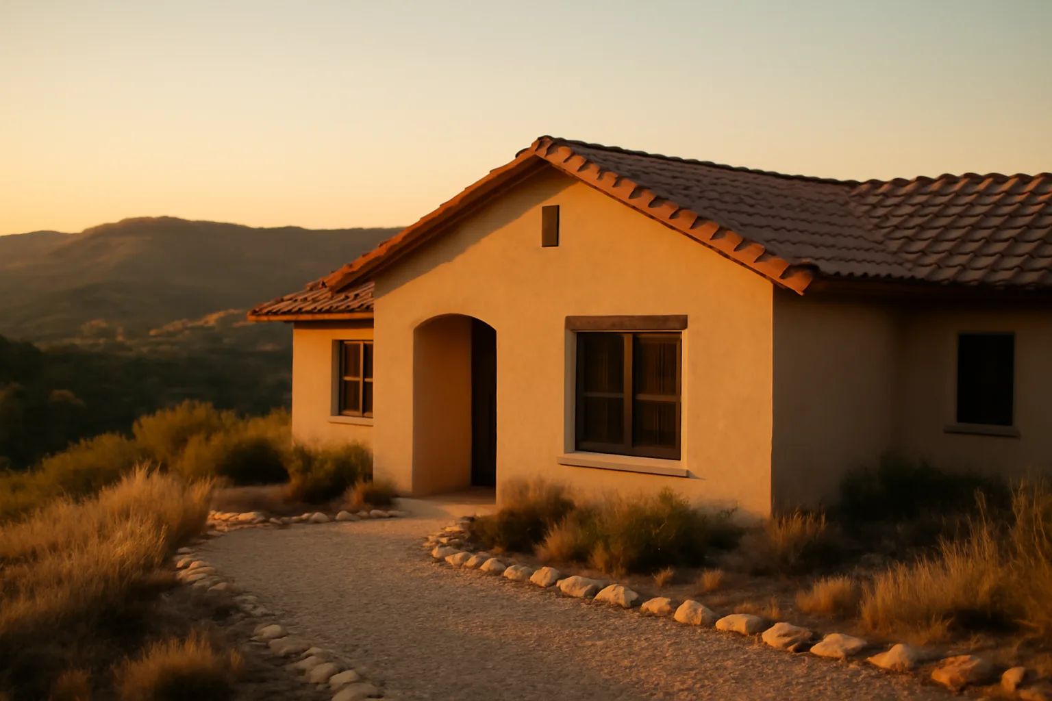 California hillside home showing cleared defensible space zone against dry brush hills