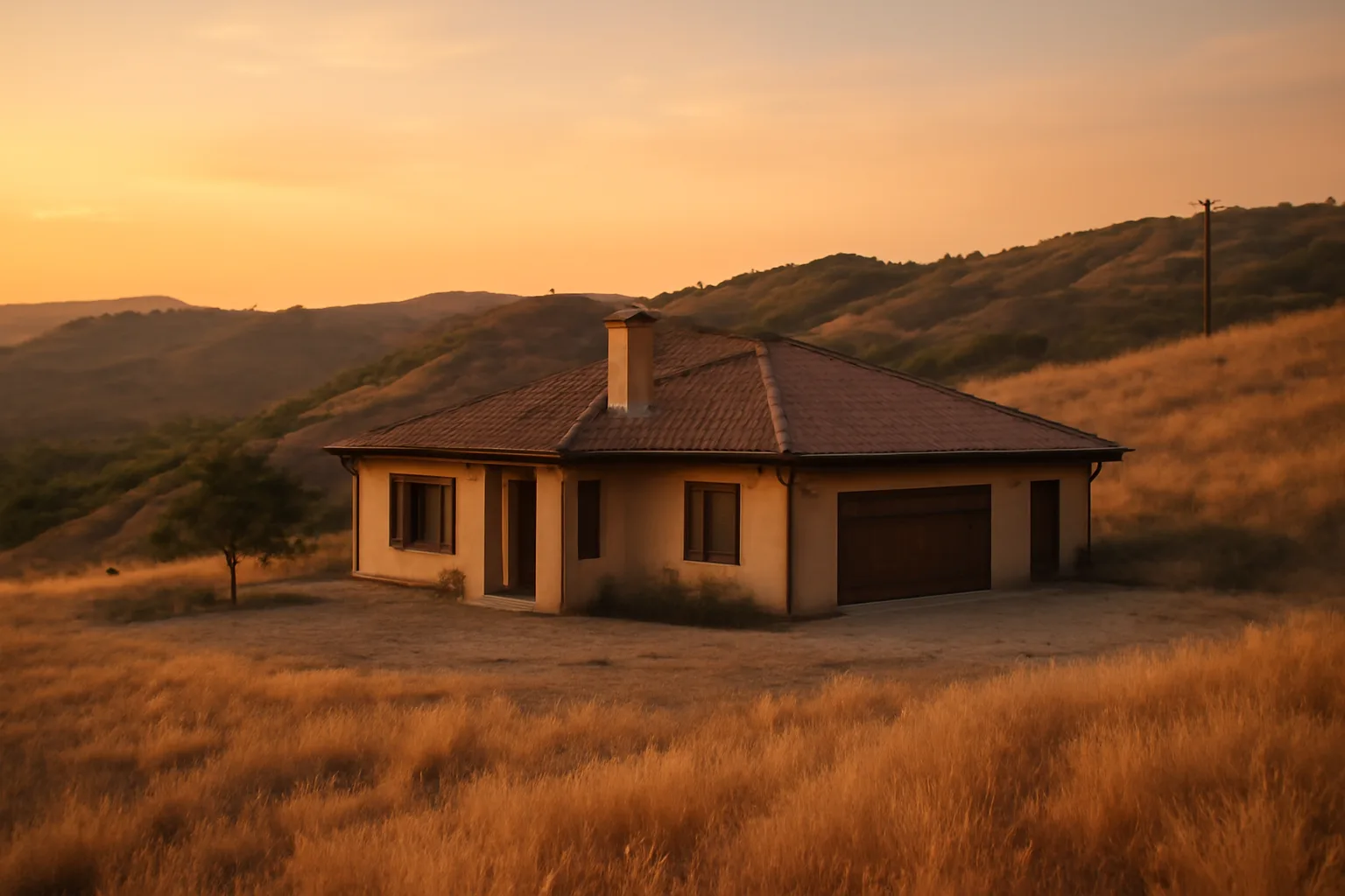 California hillside home showing defensible space clearing near utility power lines at dusk