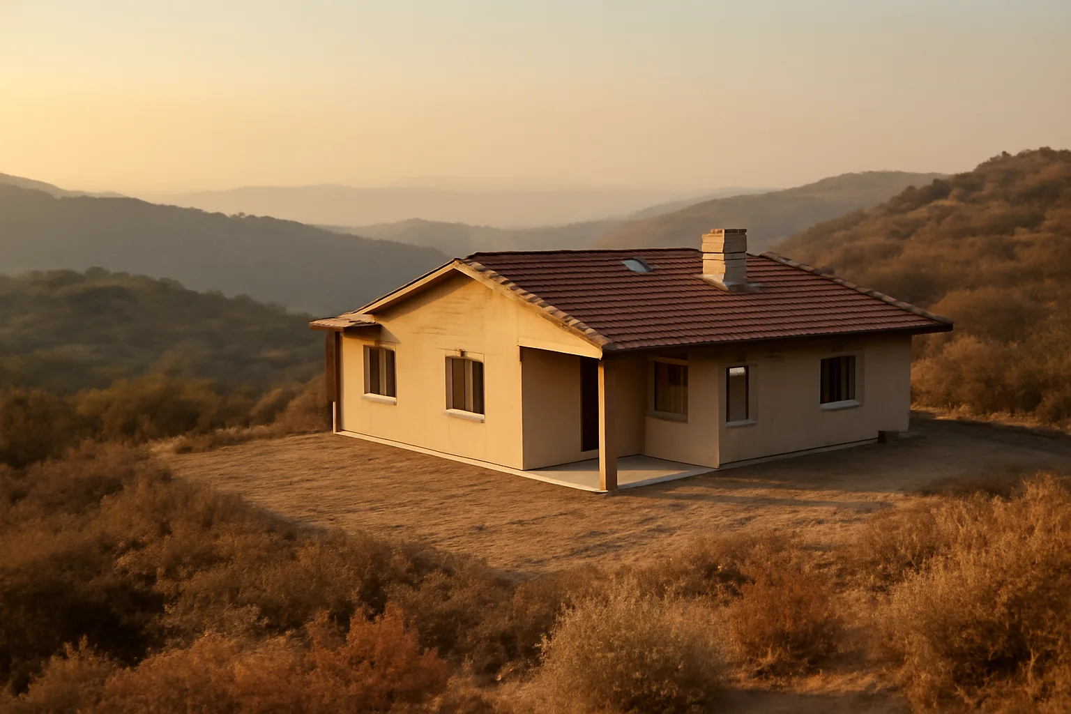 California hillside home with cleared defensible space and distant power lines under smoky sky