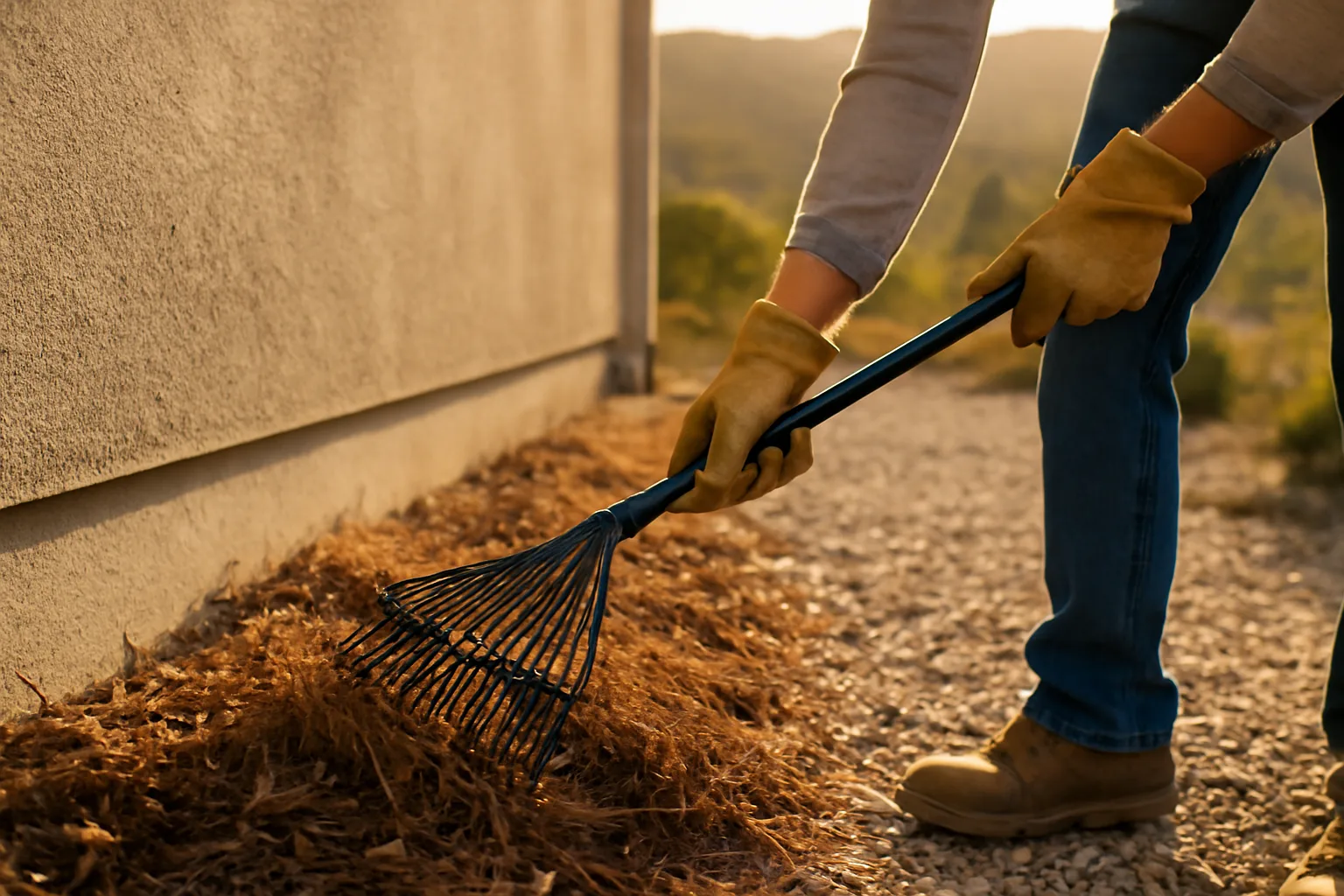 Homeowner clearing combustible mulch near a house foundation as part of wildfire home hardening
