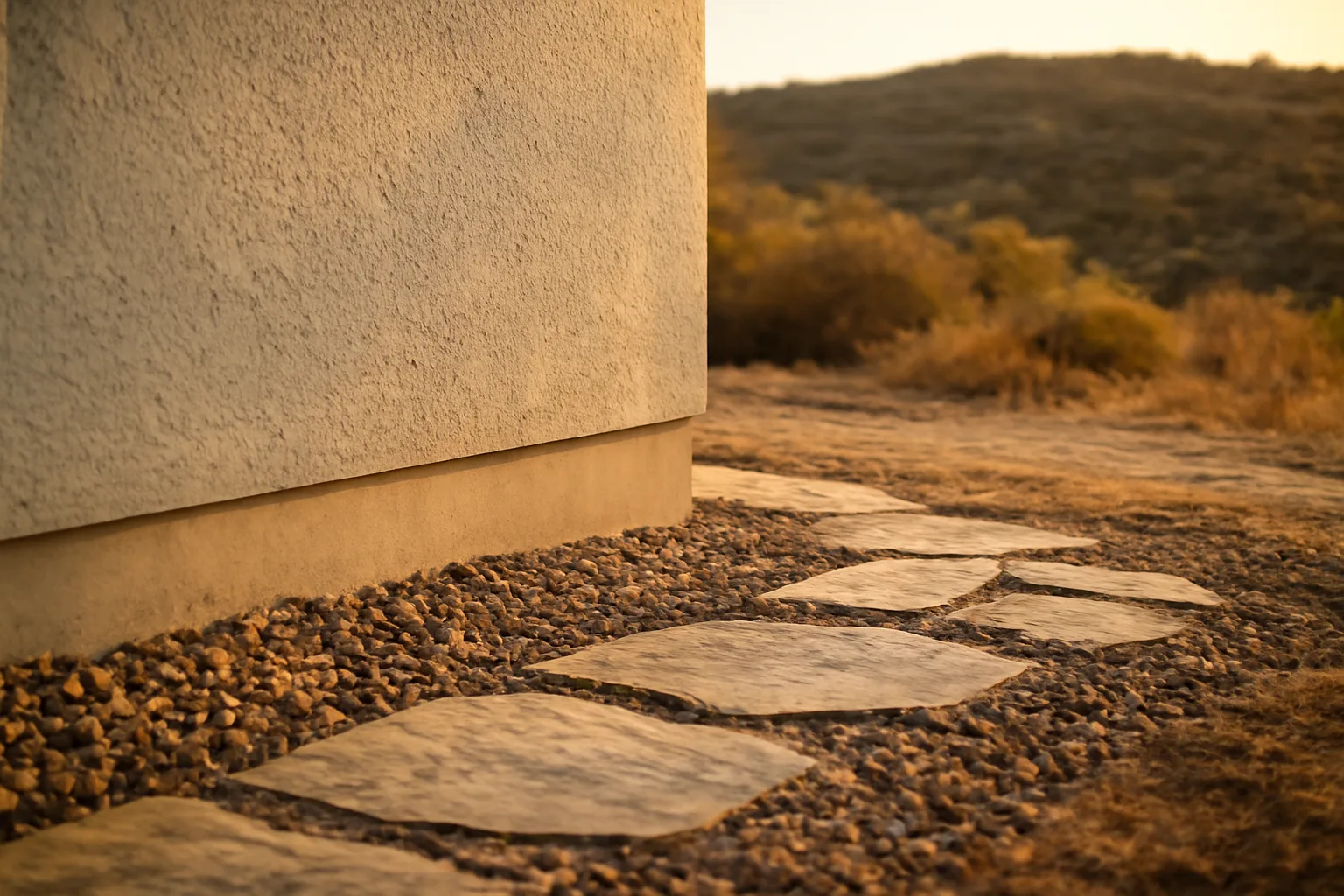 Home foundation with gravel ember-resistant zone bordering dry California hillside brush