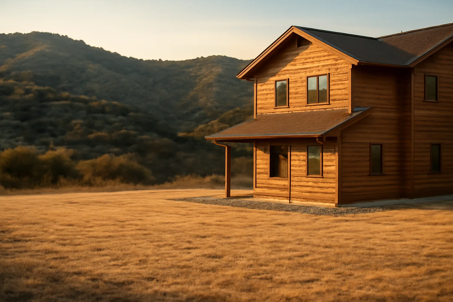Cleared defensible space zone around a California hillside home with dry hills behind it