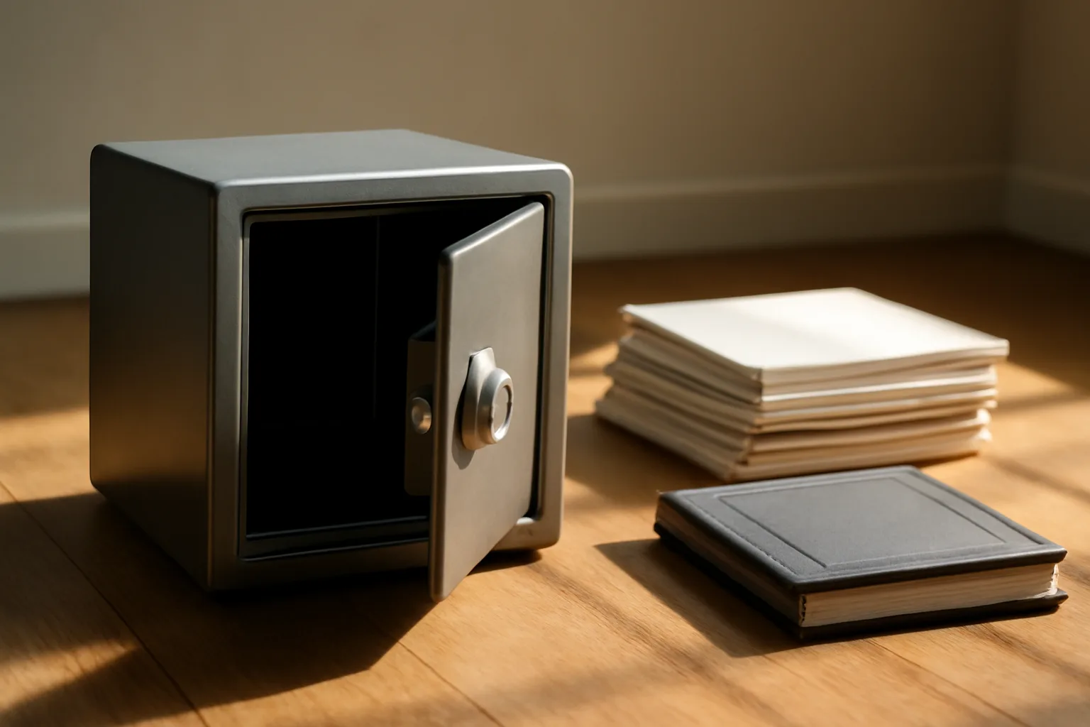 Steel fire safe open beside stacked documents in a sunlit home office