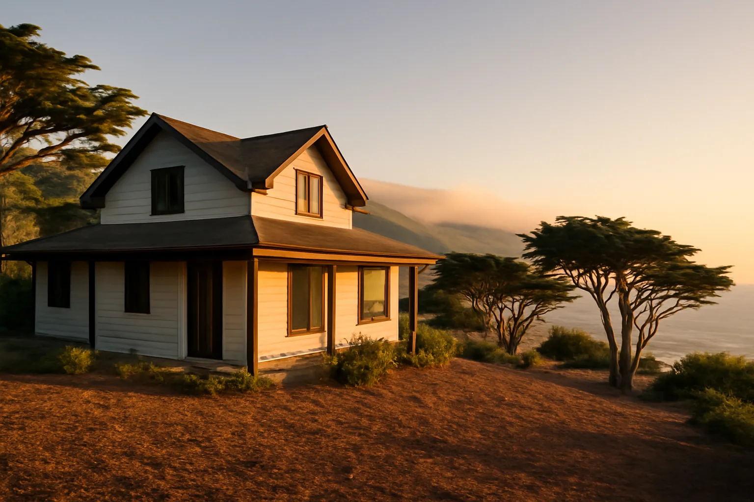 Coastside home with cleared defensible space against a foggy coastal ridge