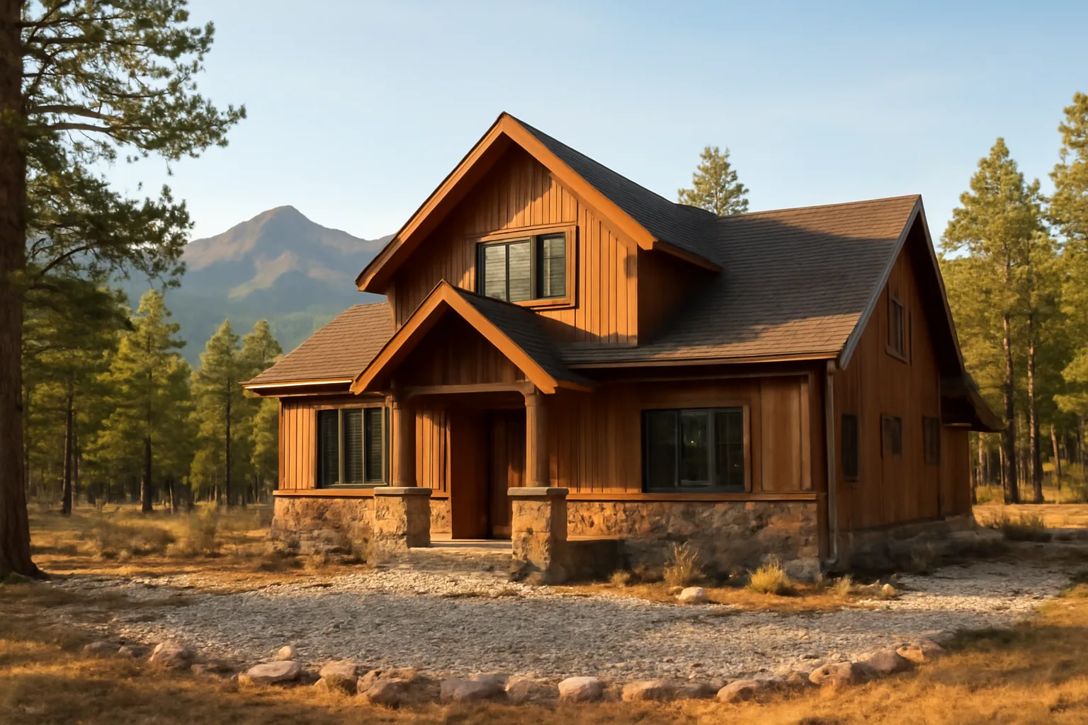 Colorado mountain home with a cleared gravel defensible space zone near dry forest