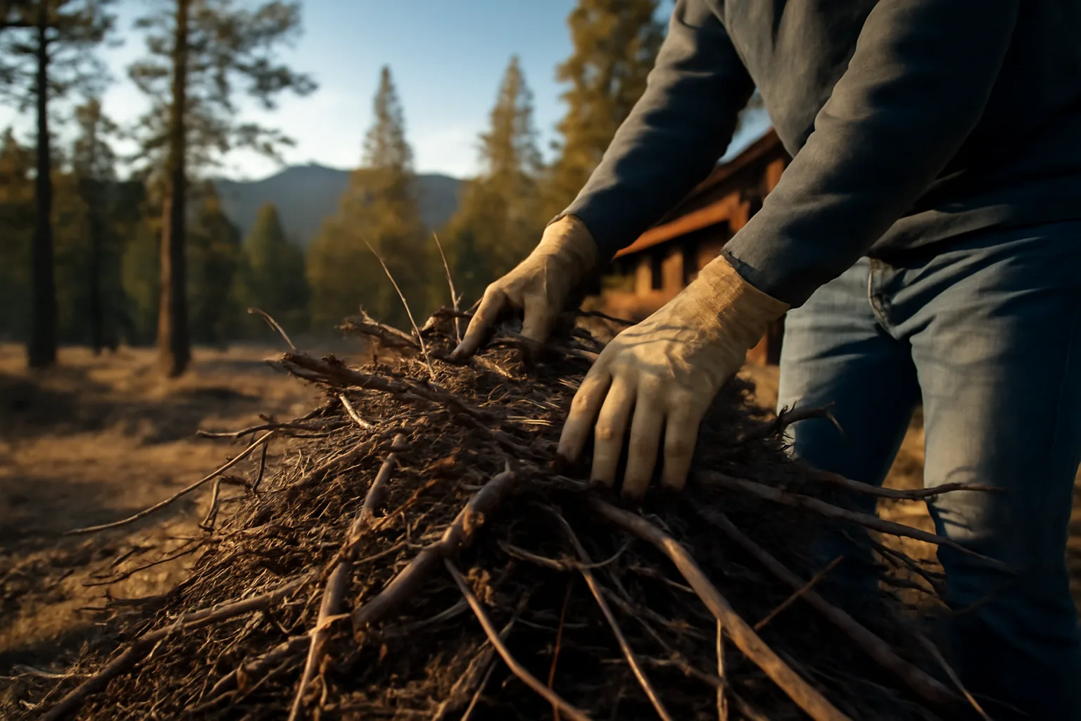 Homeowner clearing brush near a Colorado mountain home for wildfire mitigation tax credit
