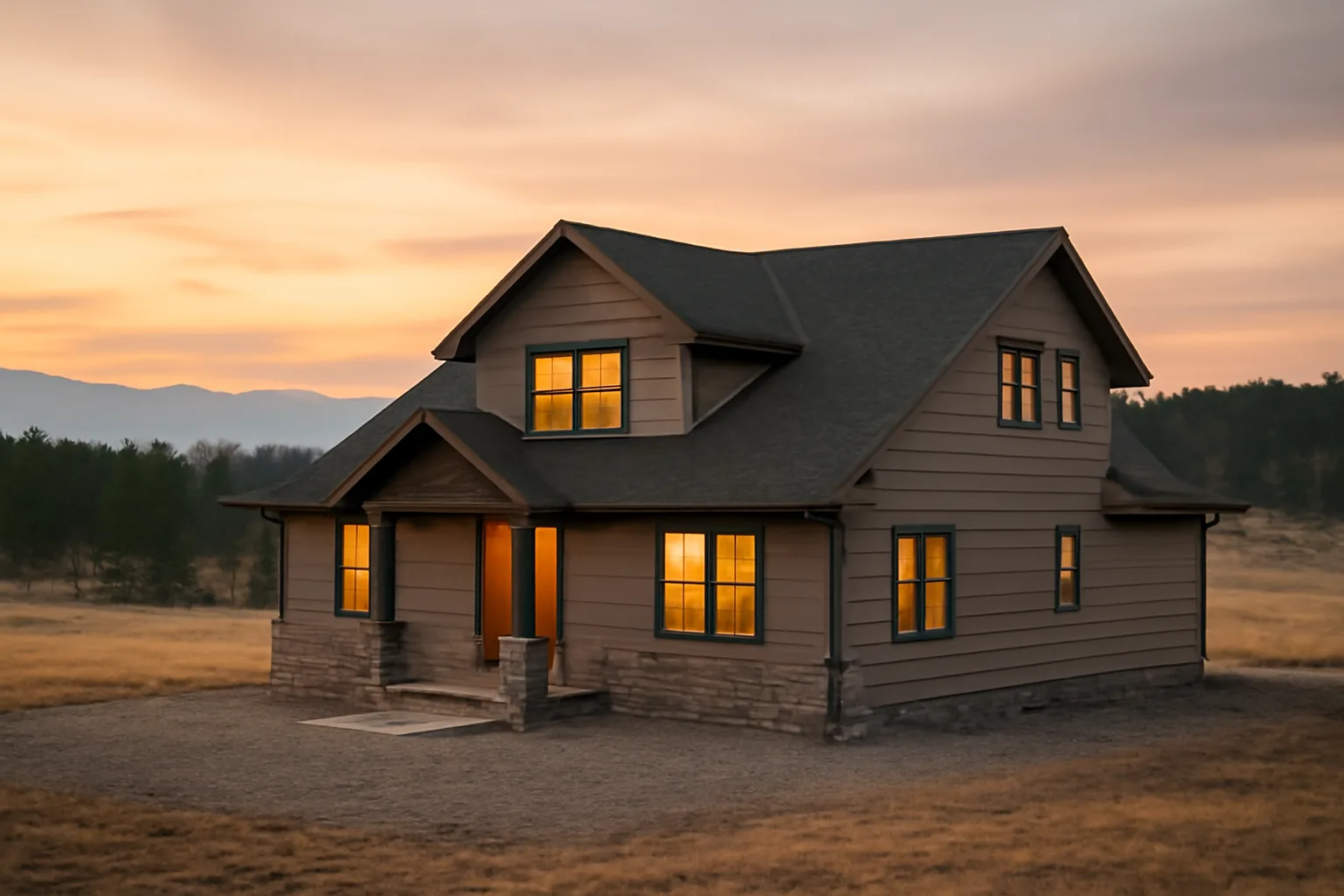 Colorado foothills home with cleared defensible space and distant wildfire smoke haze