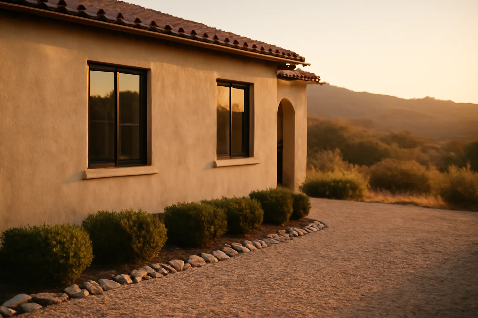 Home with cleared defensible space zone against a dry wildfire-prone hillside