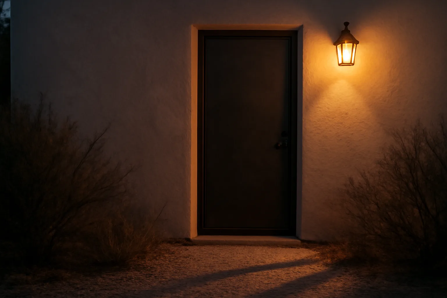Steel fire-resistant entry door on a home with cleared gravel zone at dusk