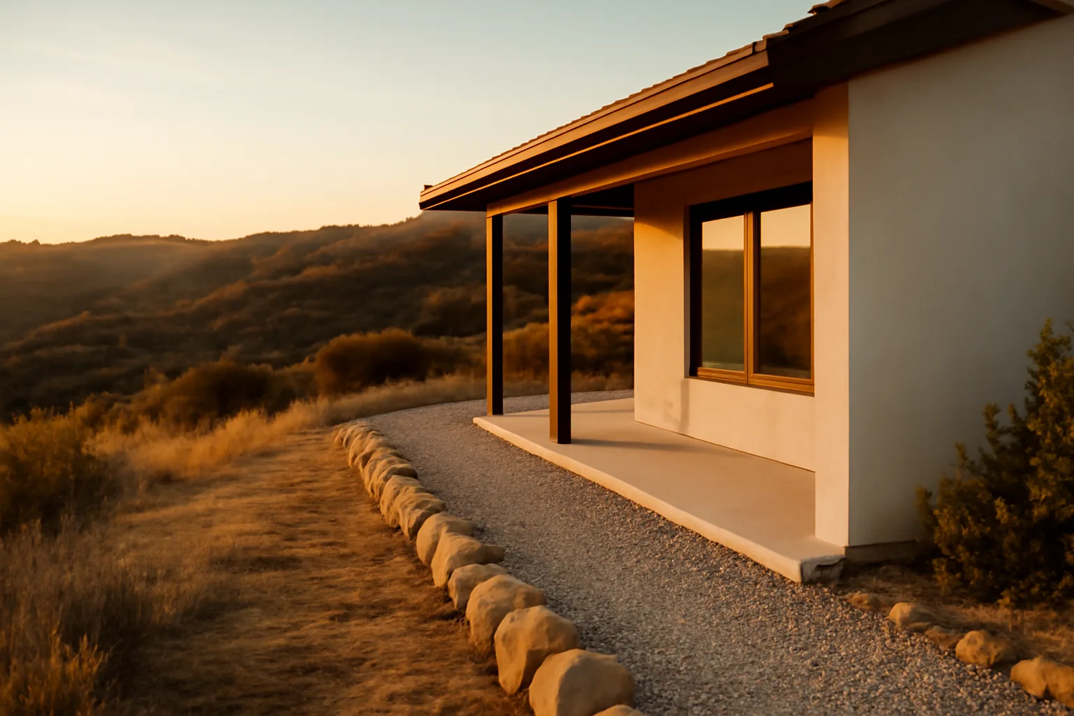Cleared defensible space buffer of gravel and low plants around a hillside home