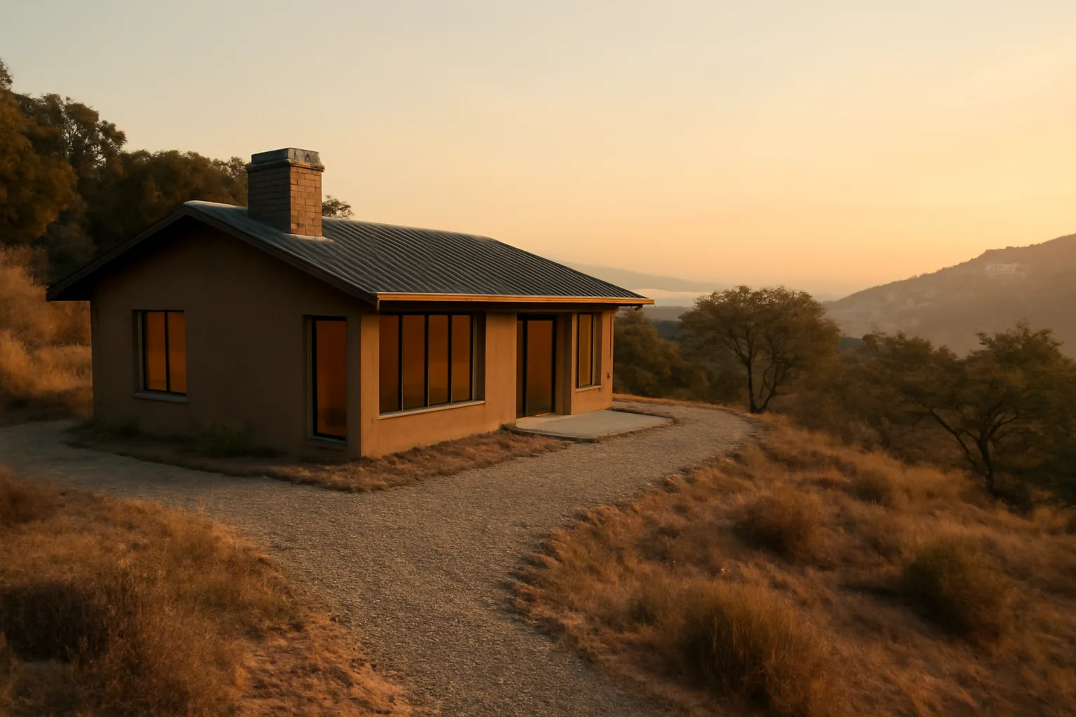 Home with cleared defensible space perimeter against dry California hillside brush