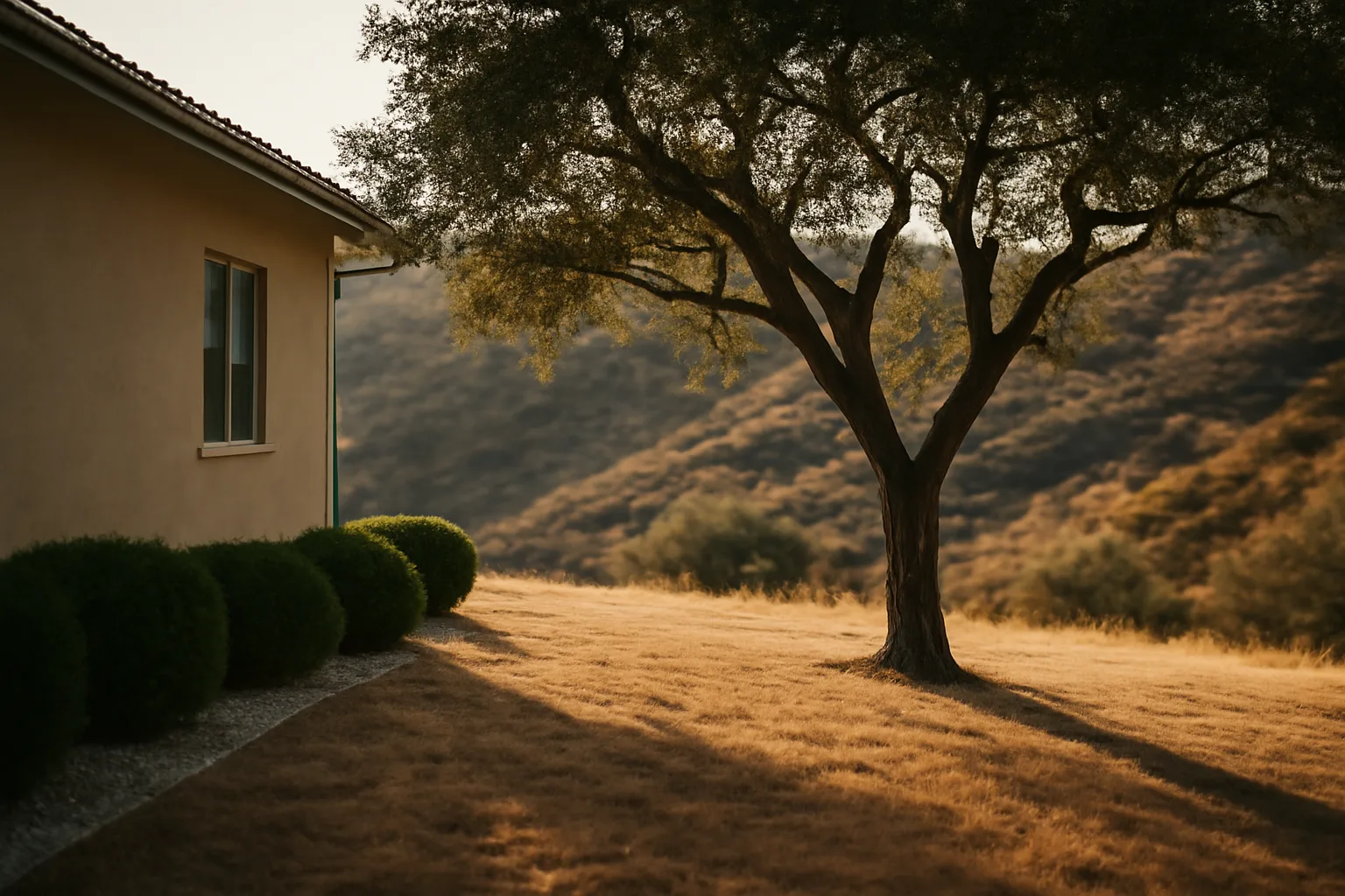 Cleared defensible space buffer of low shrubs and gravel beside a hillside home