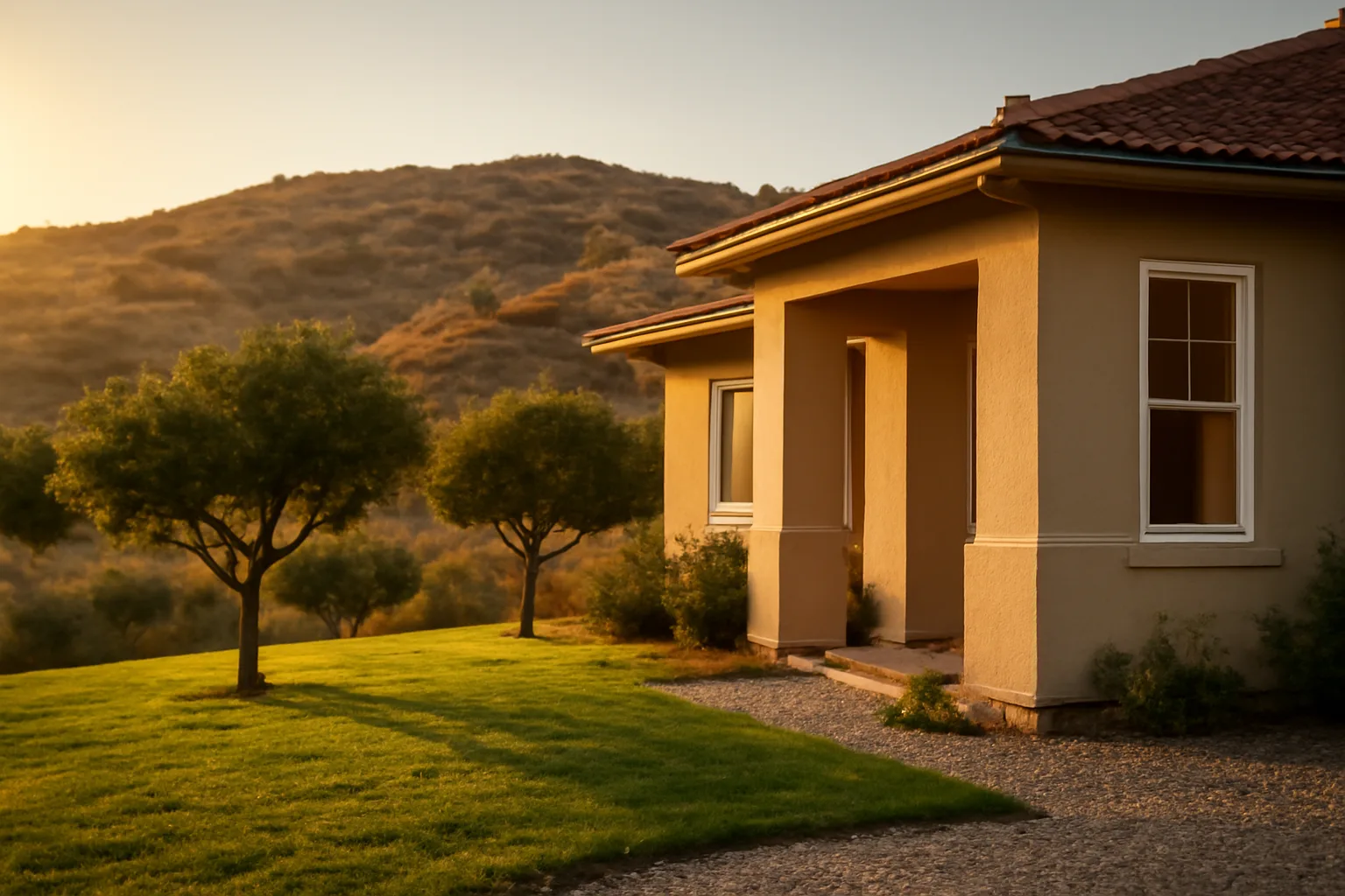 Home with defensible space zones visible from gravel border to spaced trees on hillside