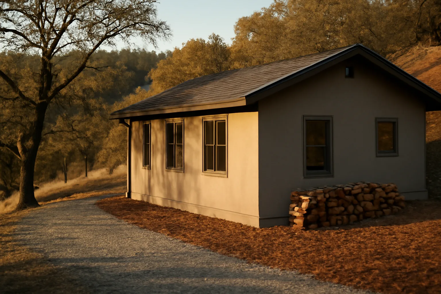 Cleared defensible space buffer around a hillside home near Redding, California