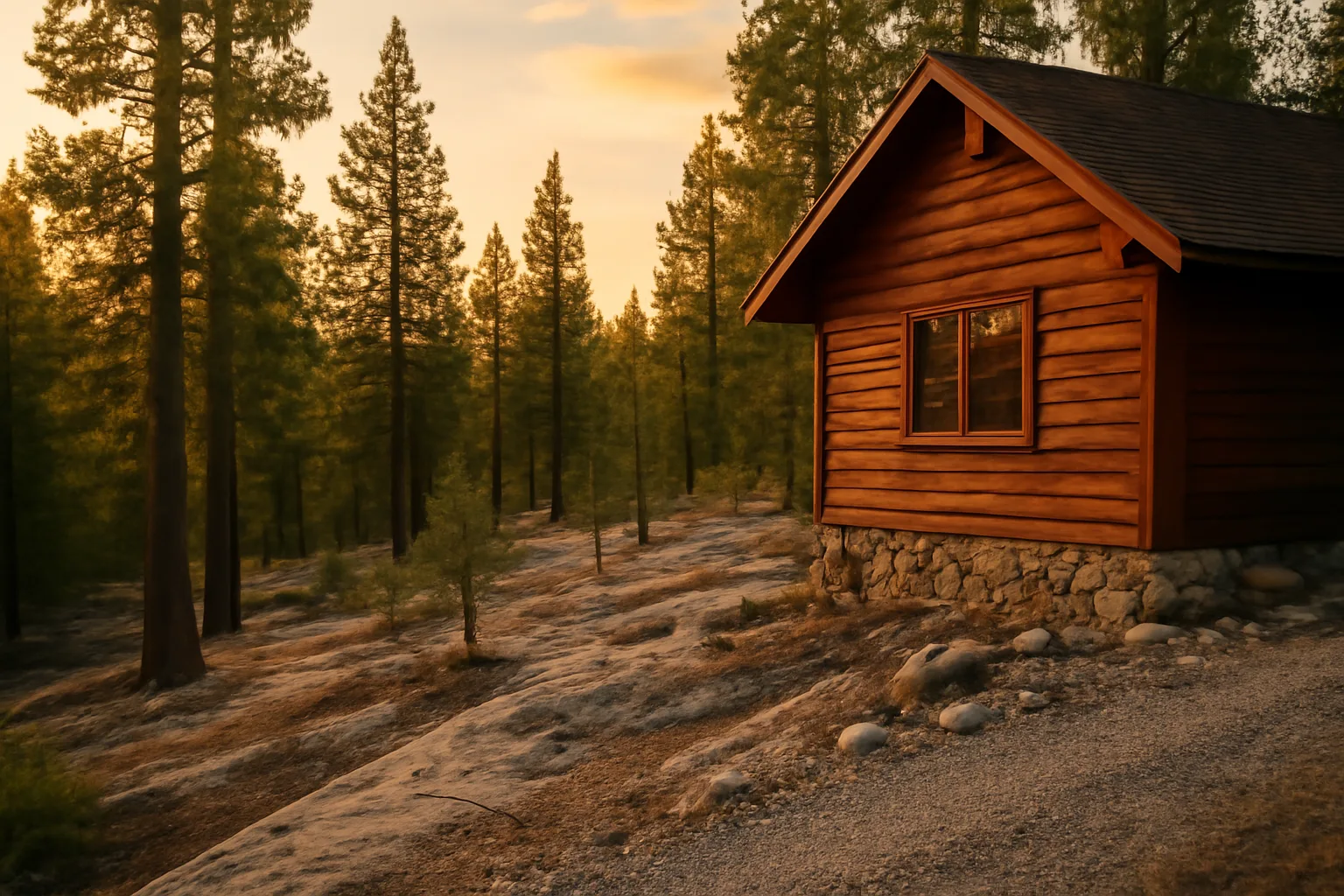 Cleared gravel zone against cabin foundation with thinned pines on sloped Truckee lot