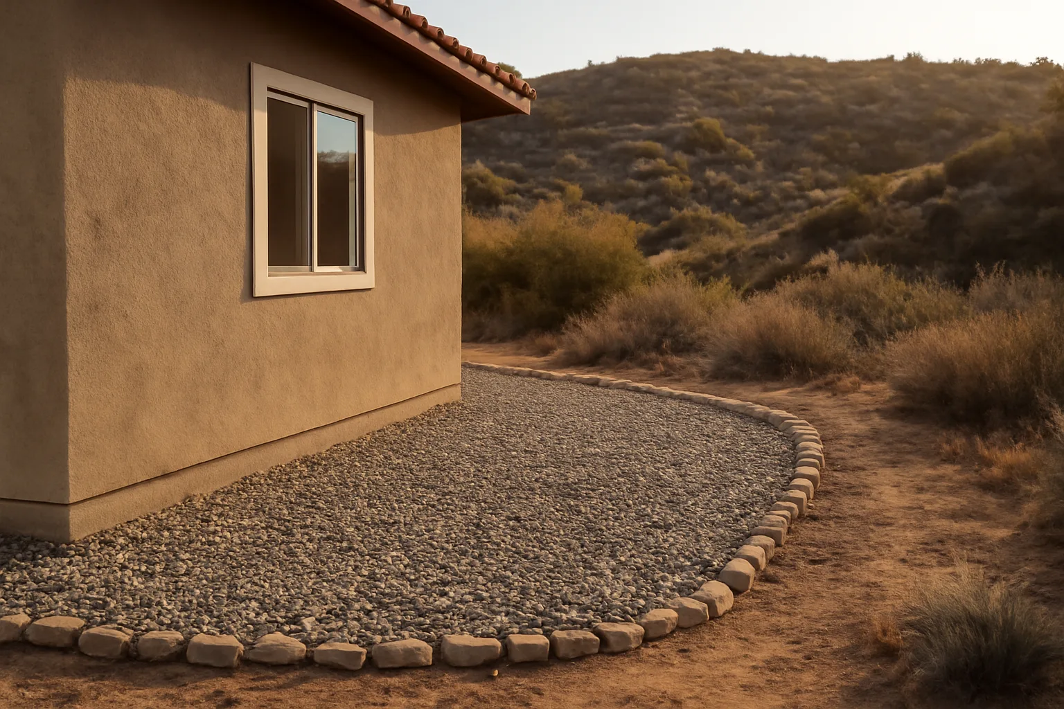 Cleared noncombustible zone around a home's foundation with chaparral hillside in the background