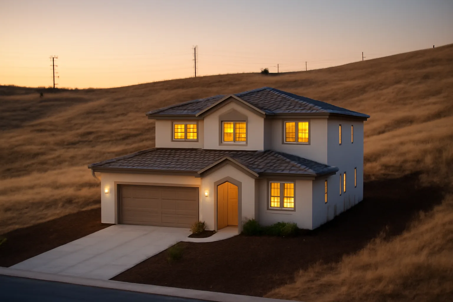 Home with cleared defensible space zone on a dry California hillside near utility power lines