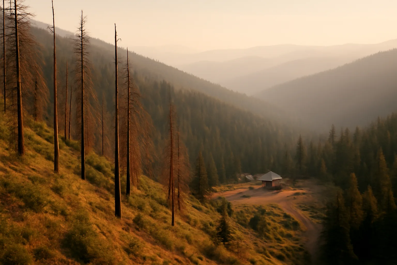 Beetle-killed pines on a steep mountain slope near a home with cleared defensible space, illustrating Eagle County wildfire risk