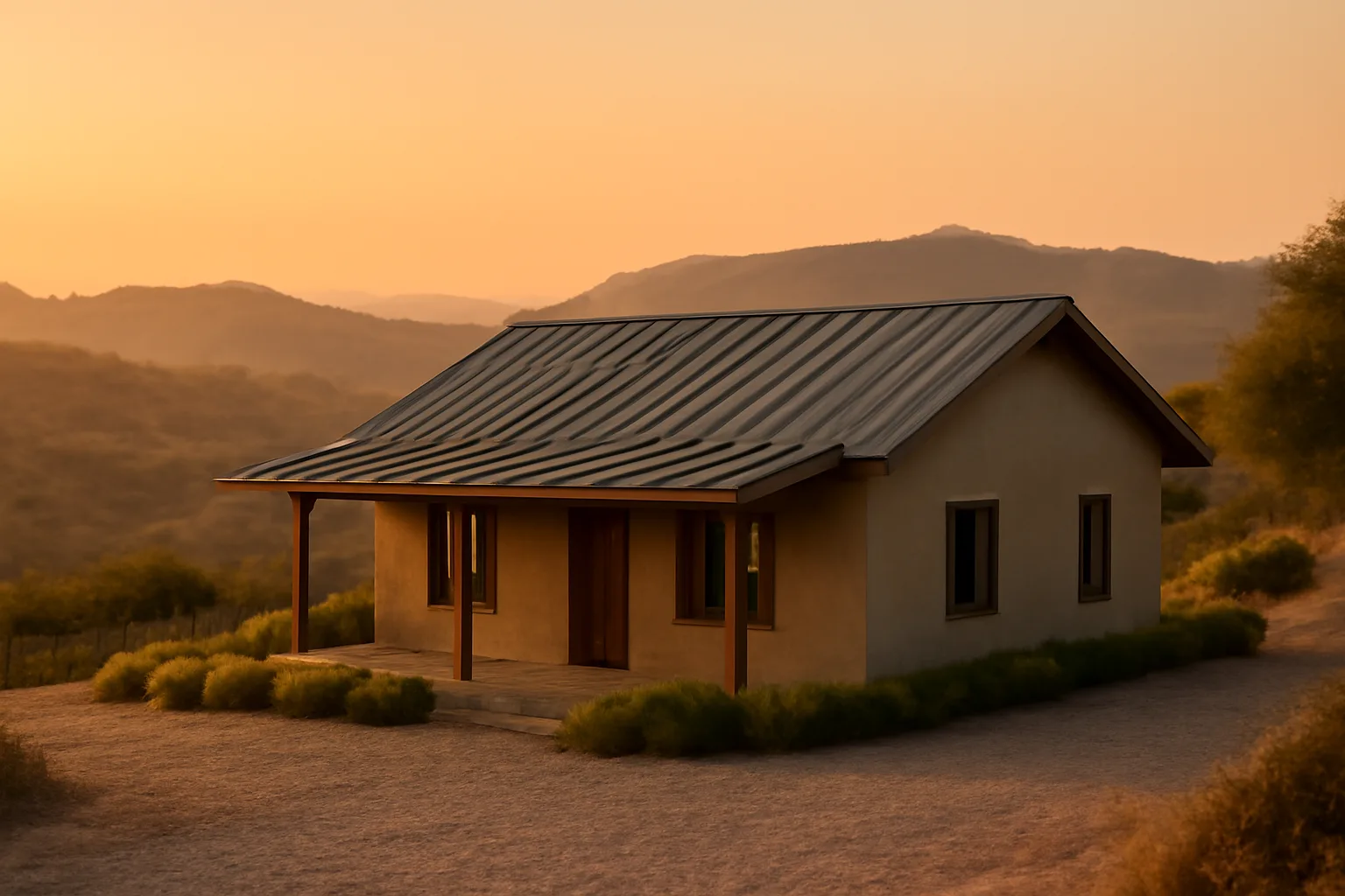 Home with cleared defensible space zone against chaparral hillside at dusk