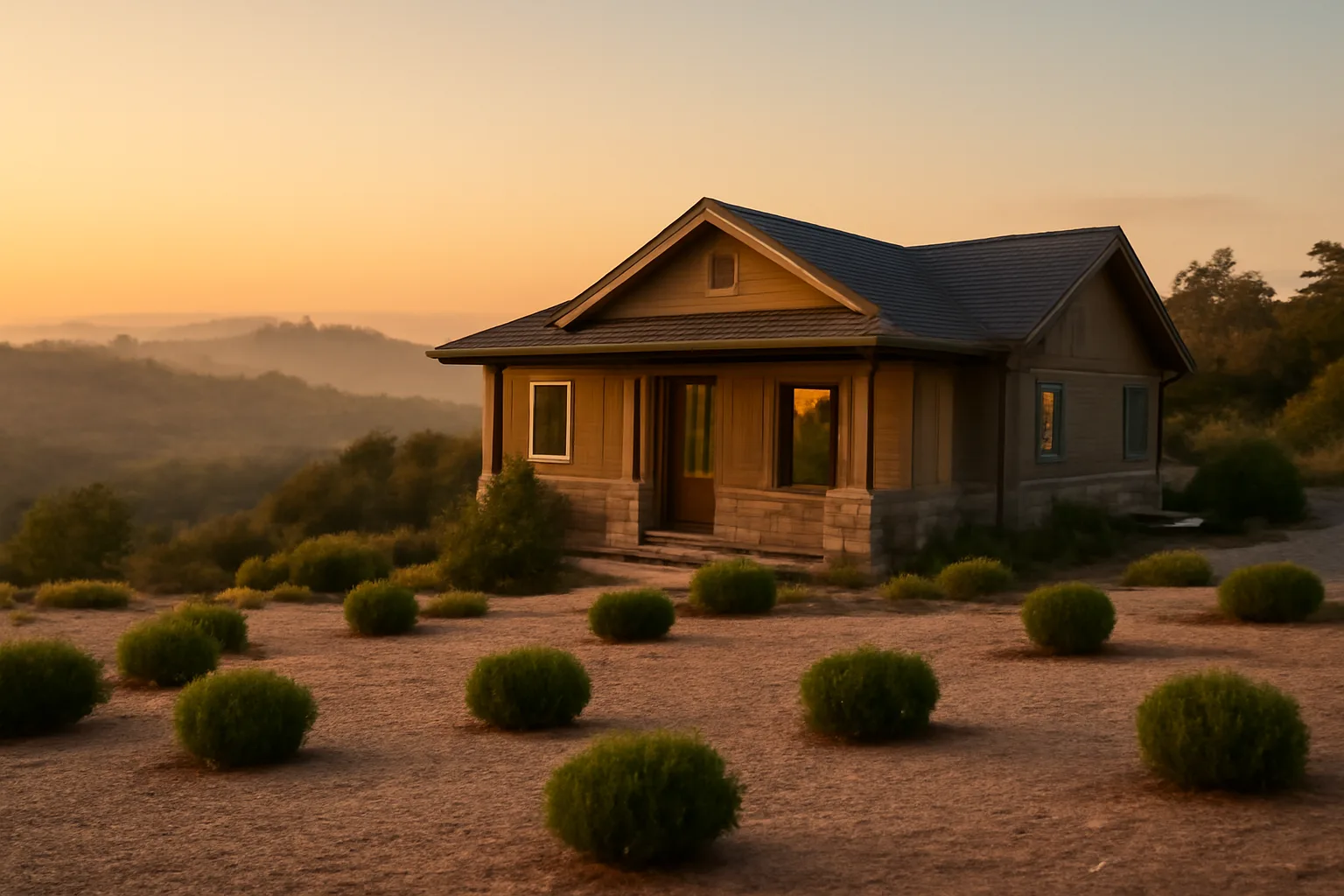 Home with cleared defensible space zone against a smoky wildfire-prone hillside at dusk