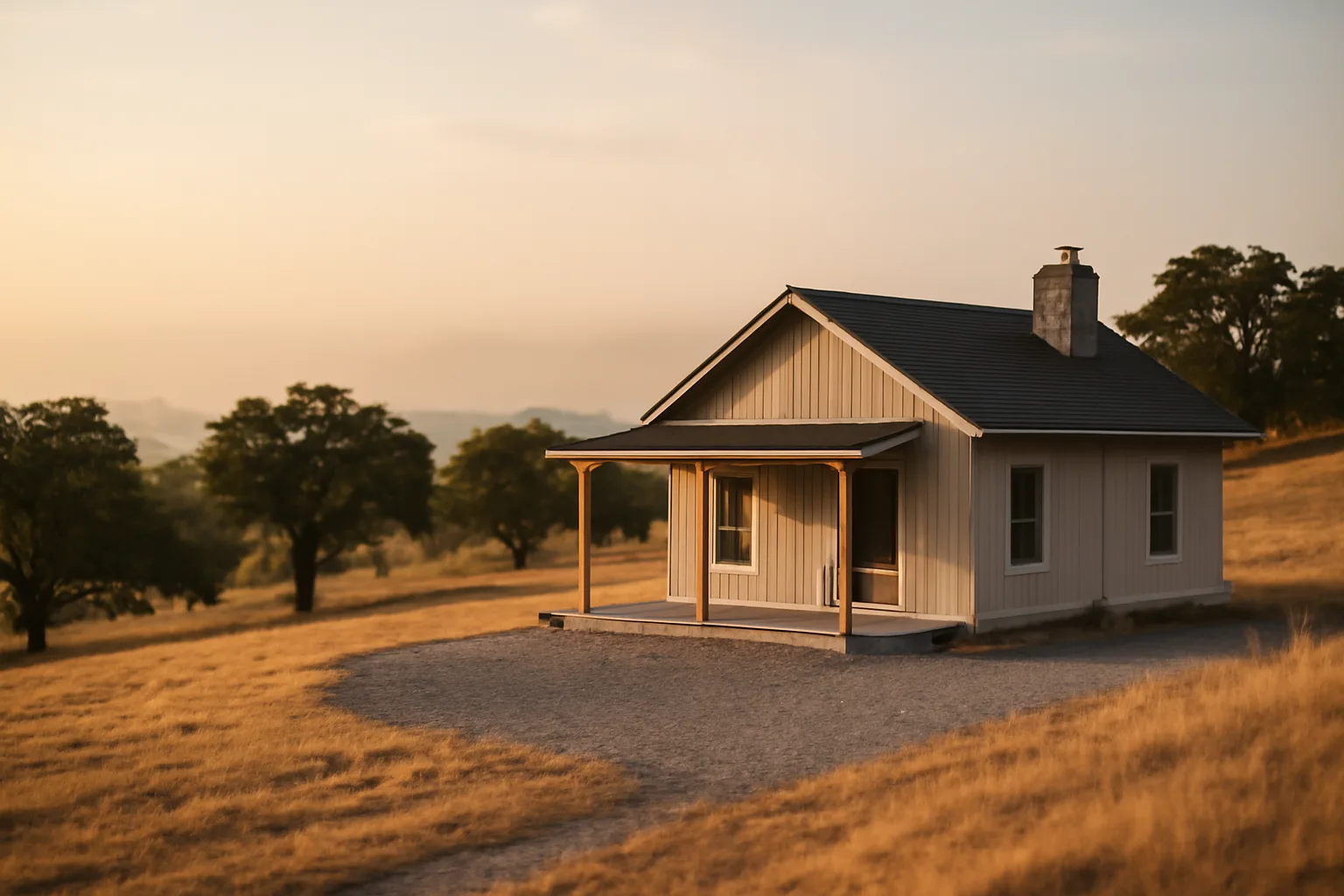 Hillside home with cleared defensible space zone and distant wildfire smoke haze