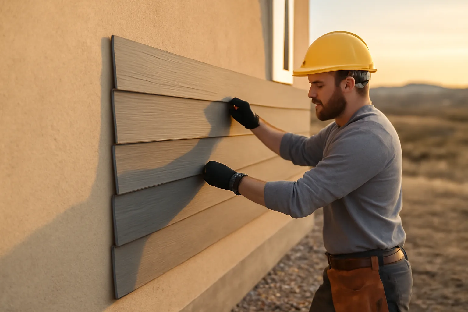 contractor installing noncombustible fire-resistant siding material on a home near dry hillside brush
