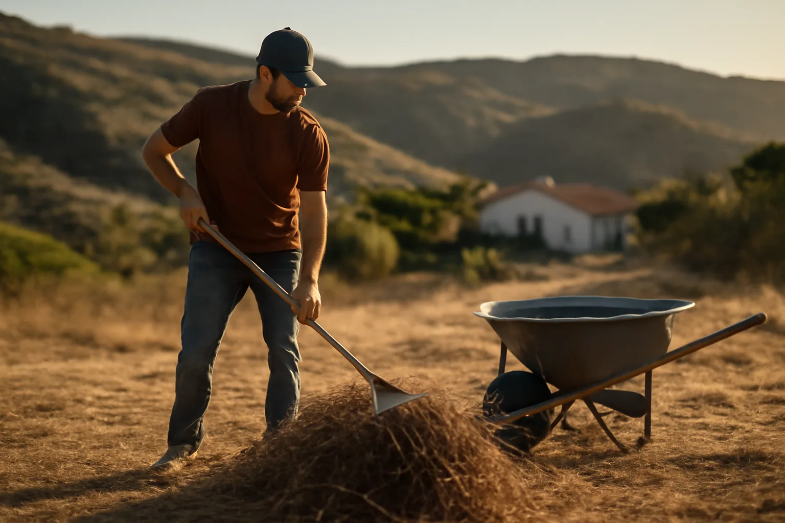 worker clearing dry brush during a fire mitigation service near a hillside home