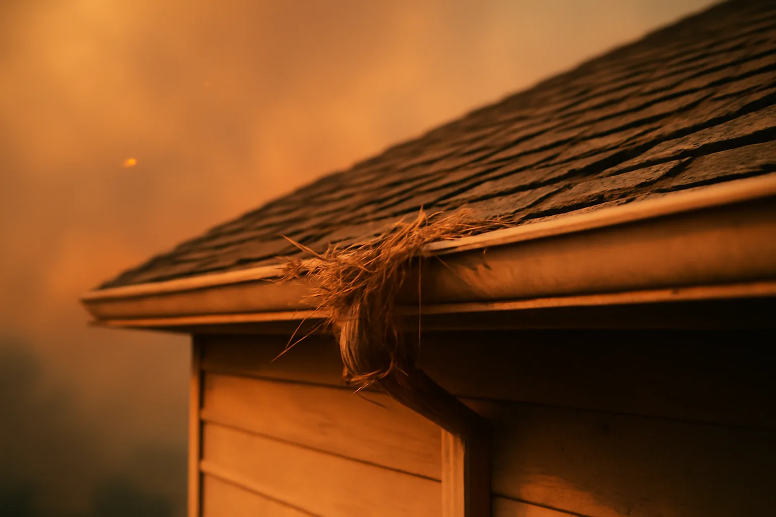 Embers drifting toward a house roof and gutter during a wildfire at dusk
