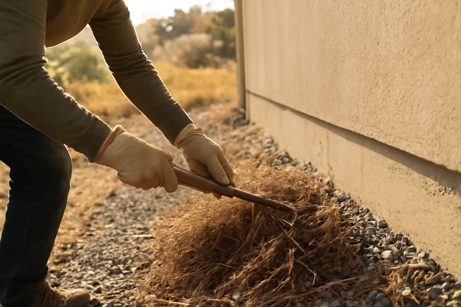 Homeowner clearing brush near a house foundation for wildfire prevention in California
