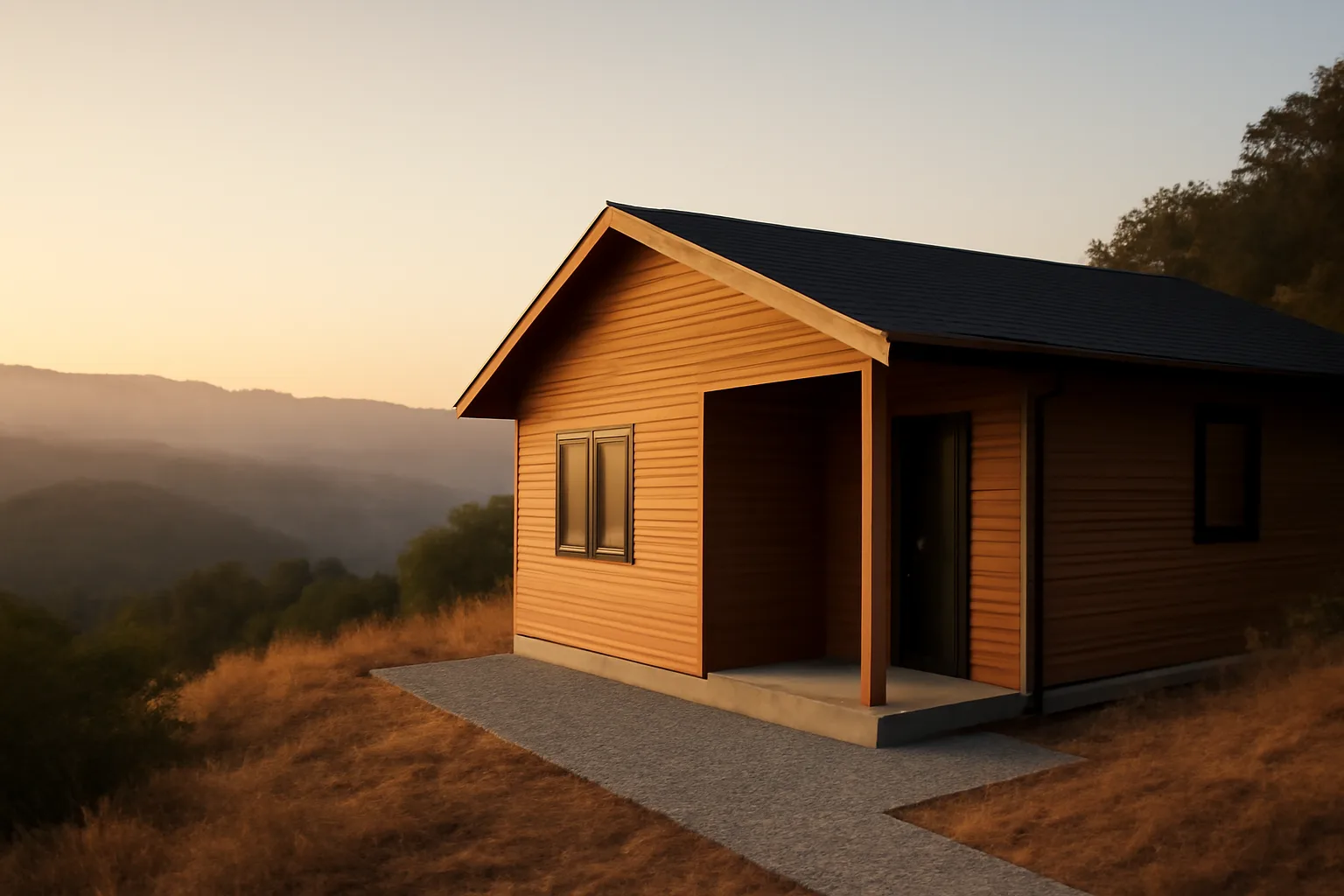 Home with cleared gravel perimeter and distant wildfire smoke on hillside