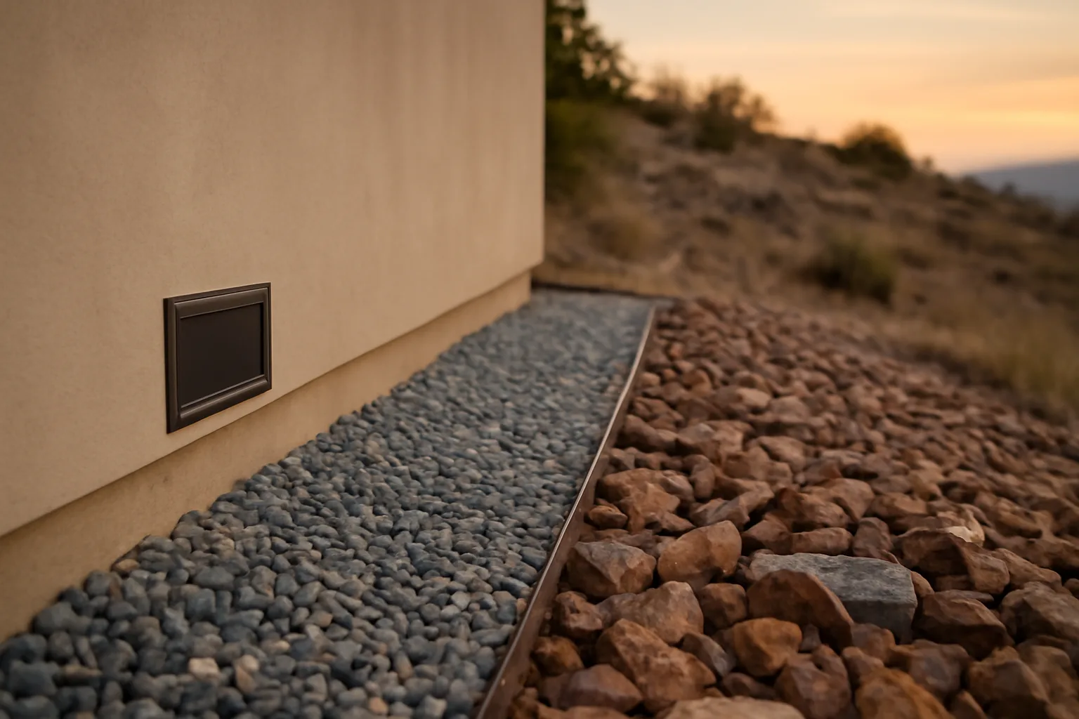 Fire resilient home foundation with noncombustible gravel zone against chaparral hillside