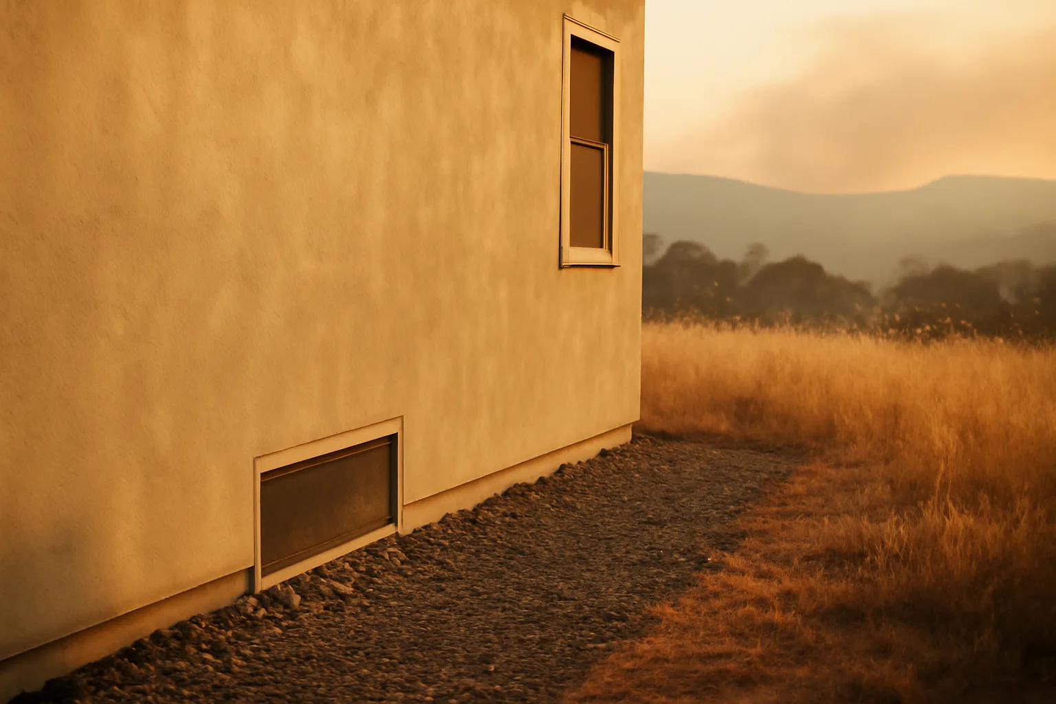 Home foundation with gravel and ember-resistant vent showing fire resistance in buildings