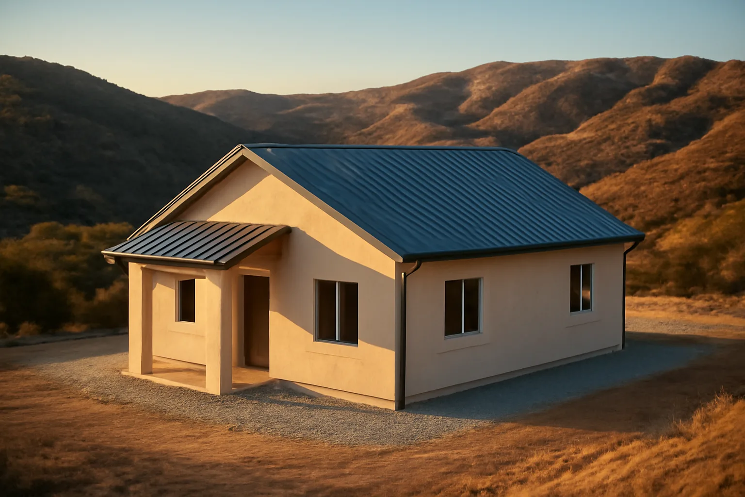 Rebuilt hillside home with metal roof and cleared defensible space in wildfire zone