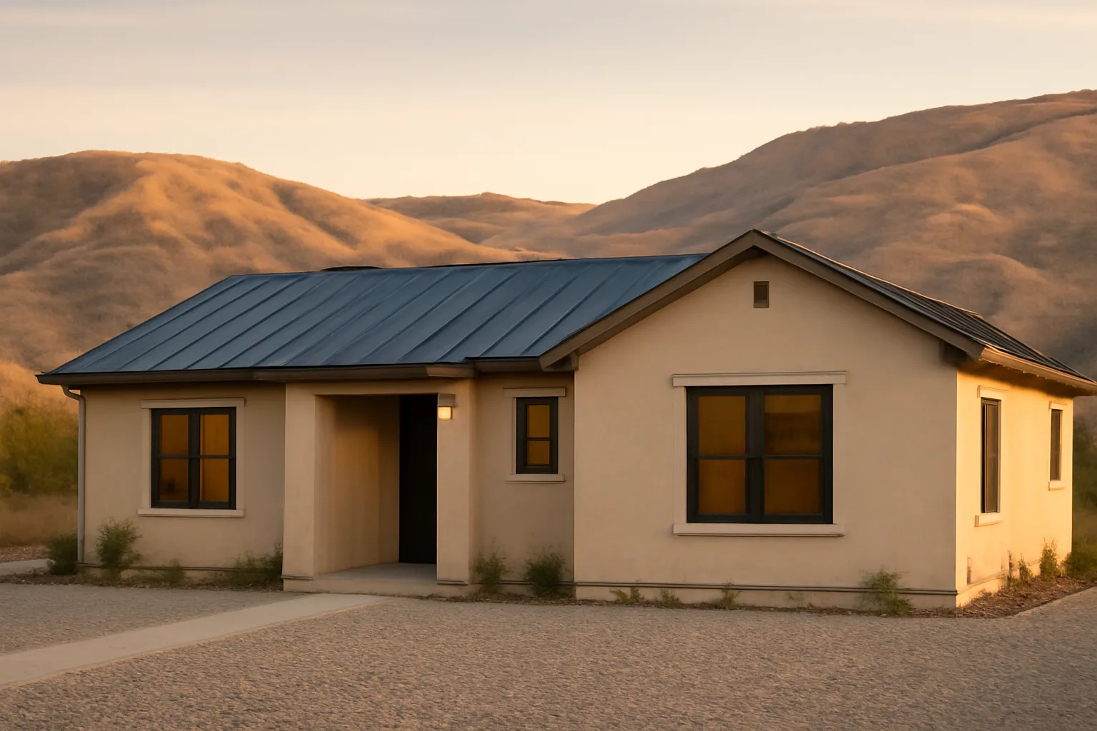 Fire resistant home in California with metal roof and gravel buffer zone against dry hillside