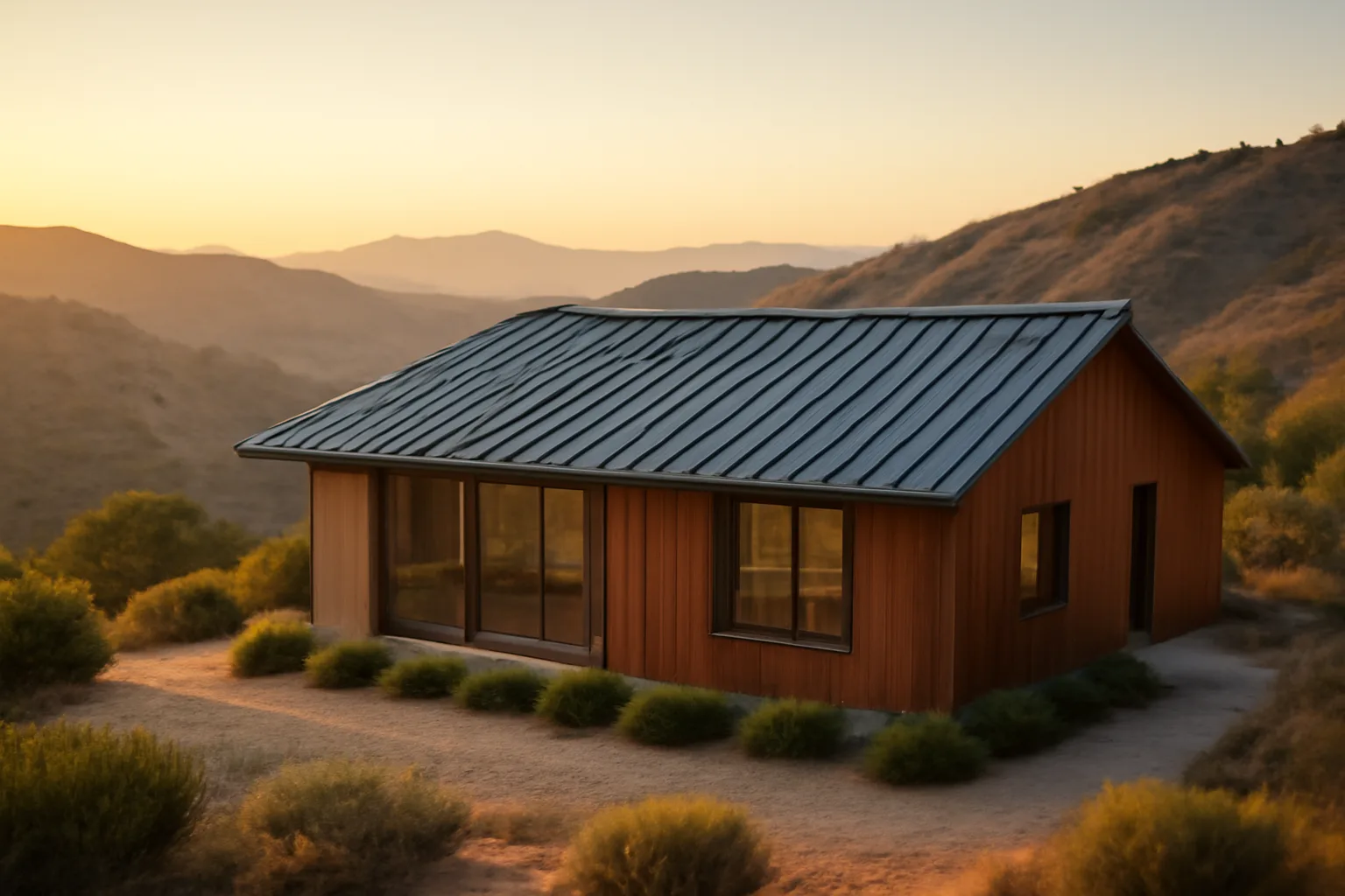 Hillside Los Angeles home with metal roof and cleared defensible space against chaparral hills