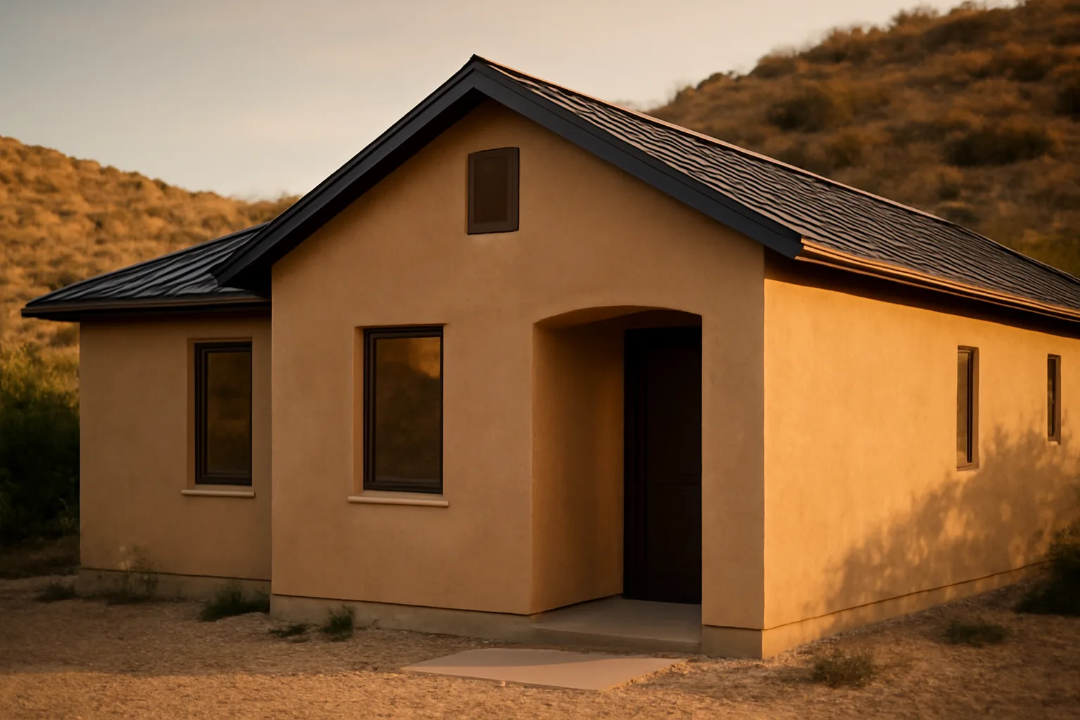 Stucco house with metal roof and ember-resistant vent showing fire resistant home design features
