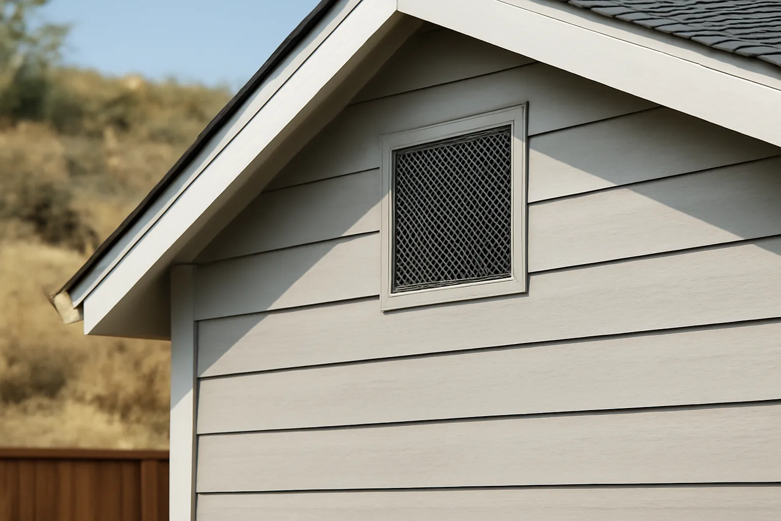 Home exterior showing fire-resistant vent, siding, and roofing near dry hillside brush