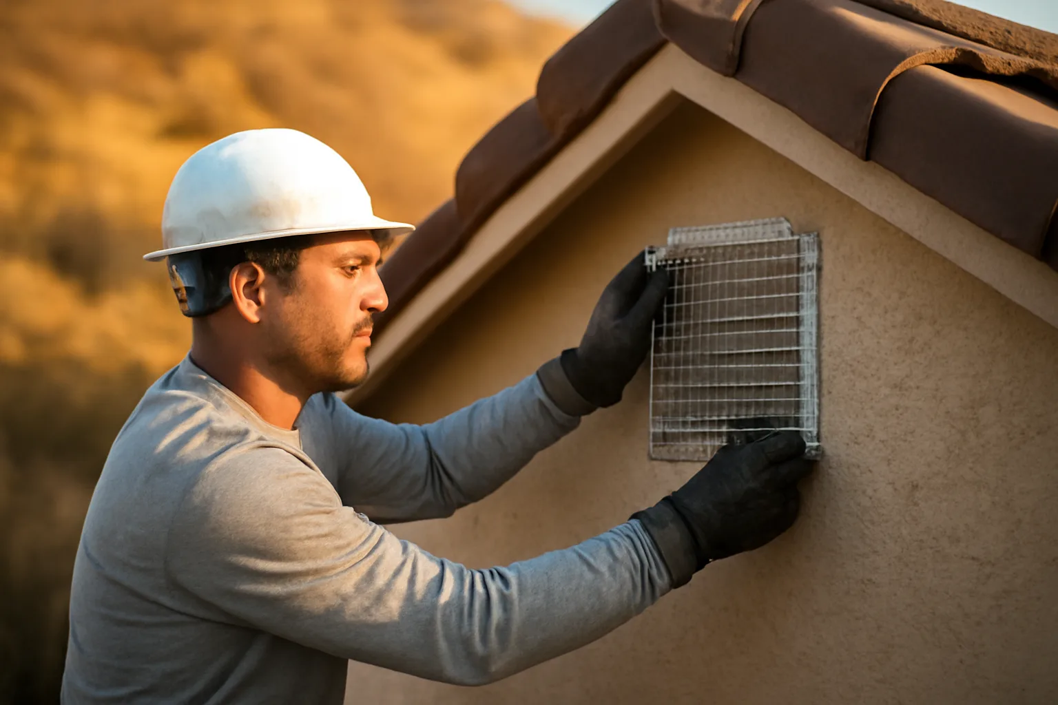 Contractor retrofitting an ember-resistant vent during fire-resistant home renovation