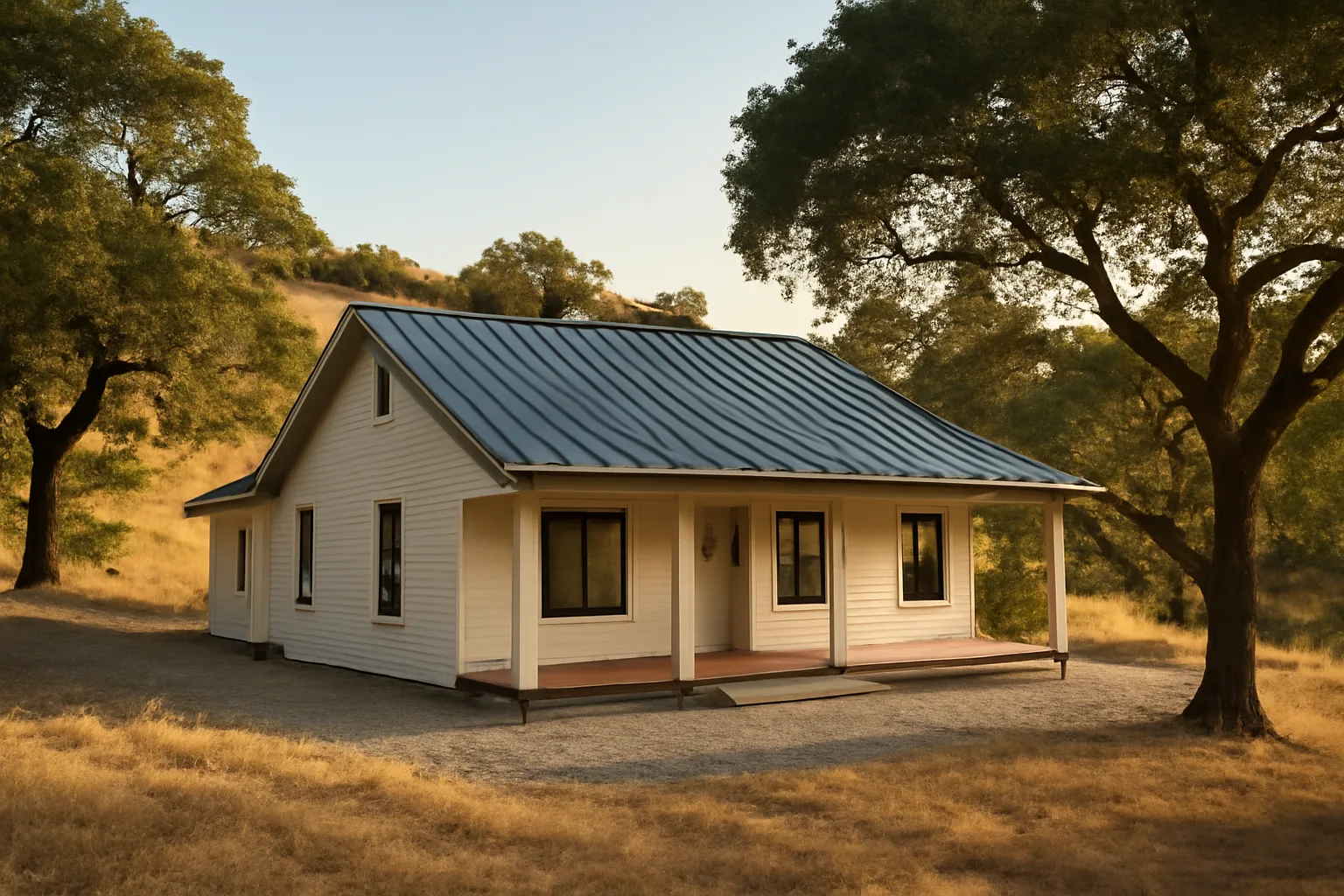 Hillside California home with cleared defensible space and metal roof at dusk