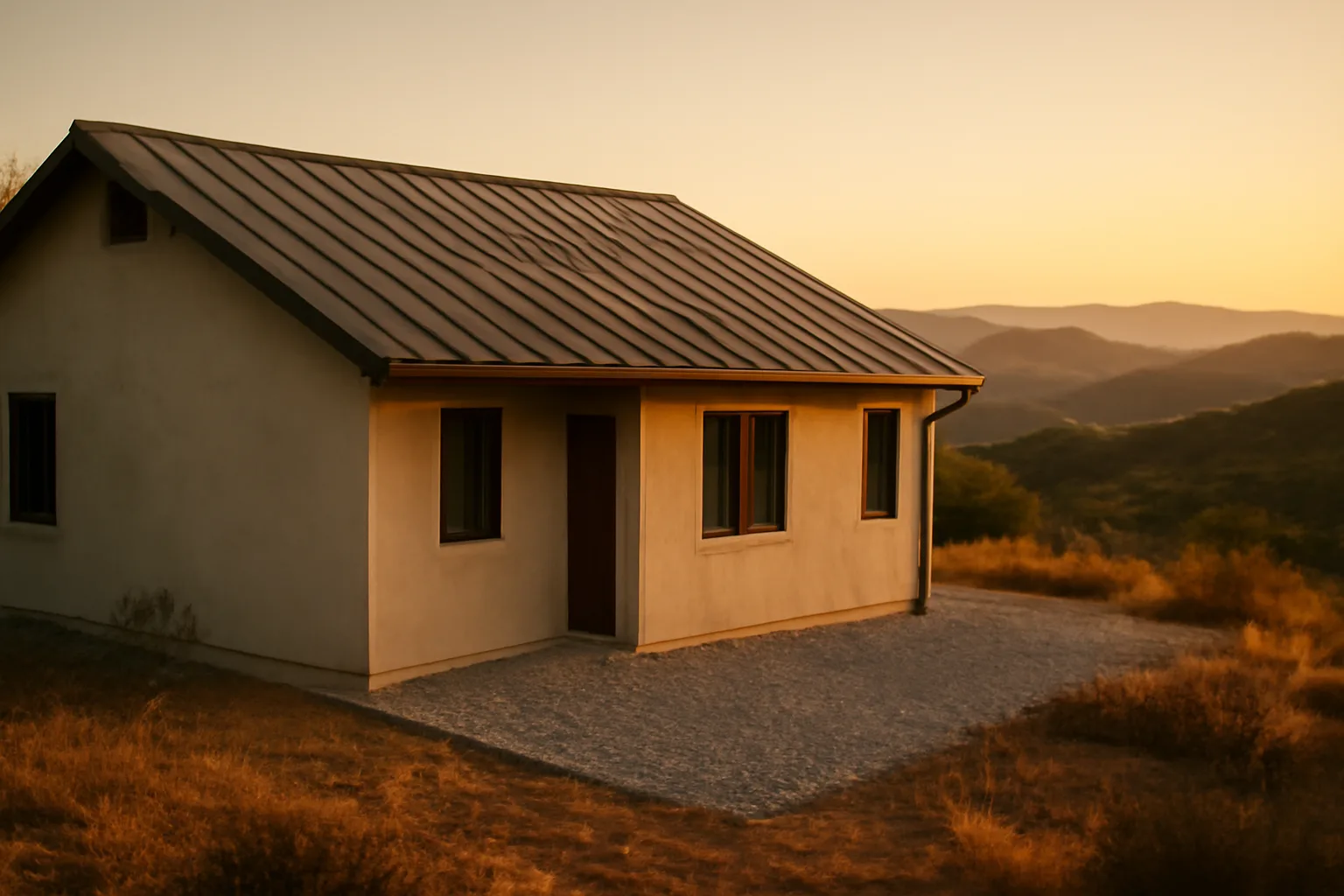 Fire resistant home with metal roof and cleared gravel perimeter against dry hillside brush