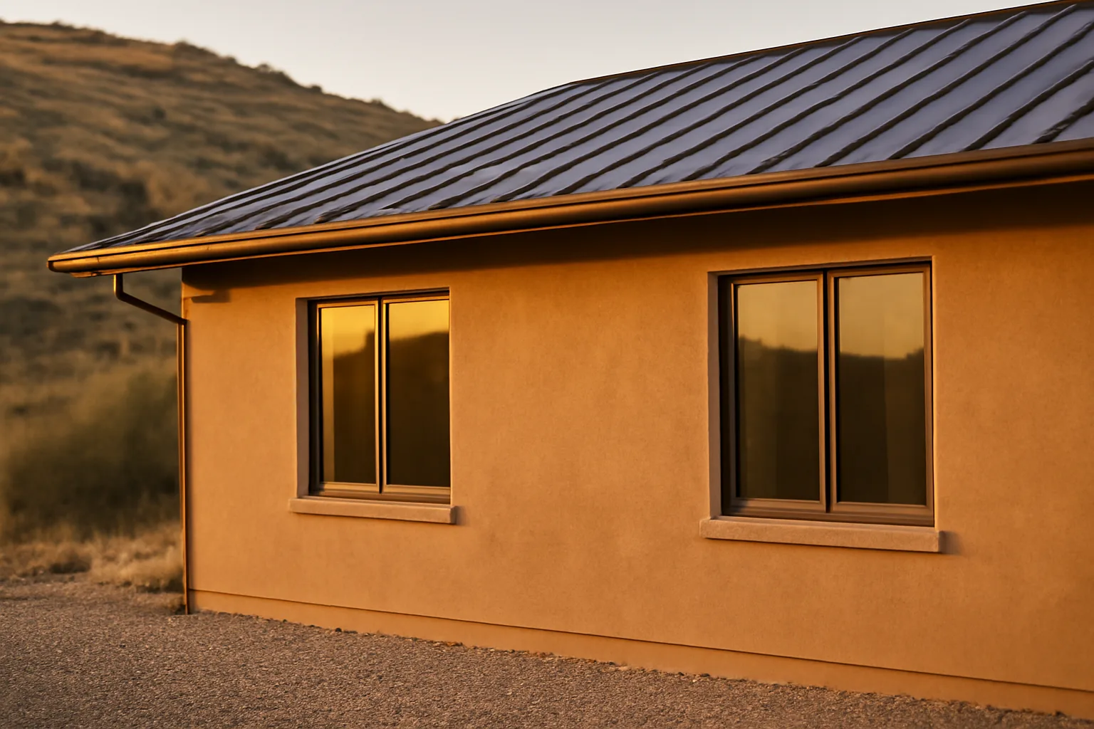 stucco home with metal roof and gravel foundation zone showing fire resistant house materials
