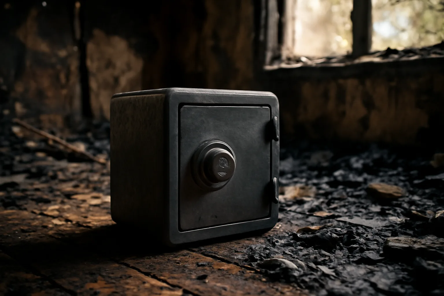 Fire-resistant safe box surviving intact inside a burned home interior