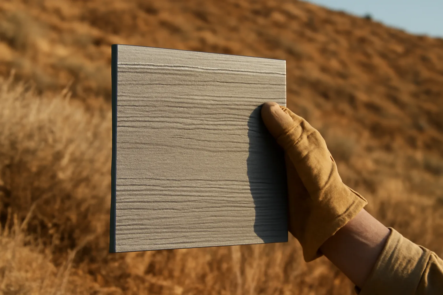 Hand holding fiber cement siding panel with dry hillside brush behind it