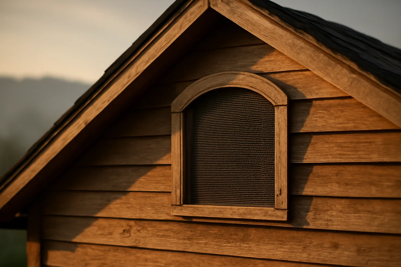 Close-up of a fire resistant vent with fine metal mesh installed on a home's attic gable