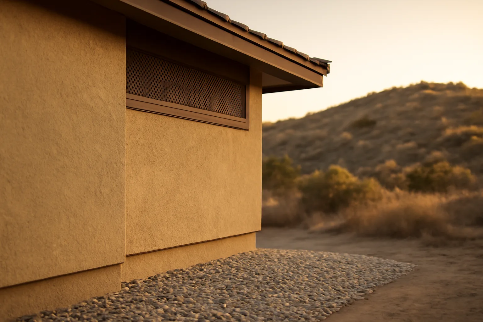 Home exterior showing ember-resistant vent screen and cleared gravel zone near foundation