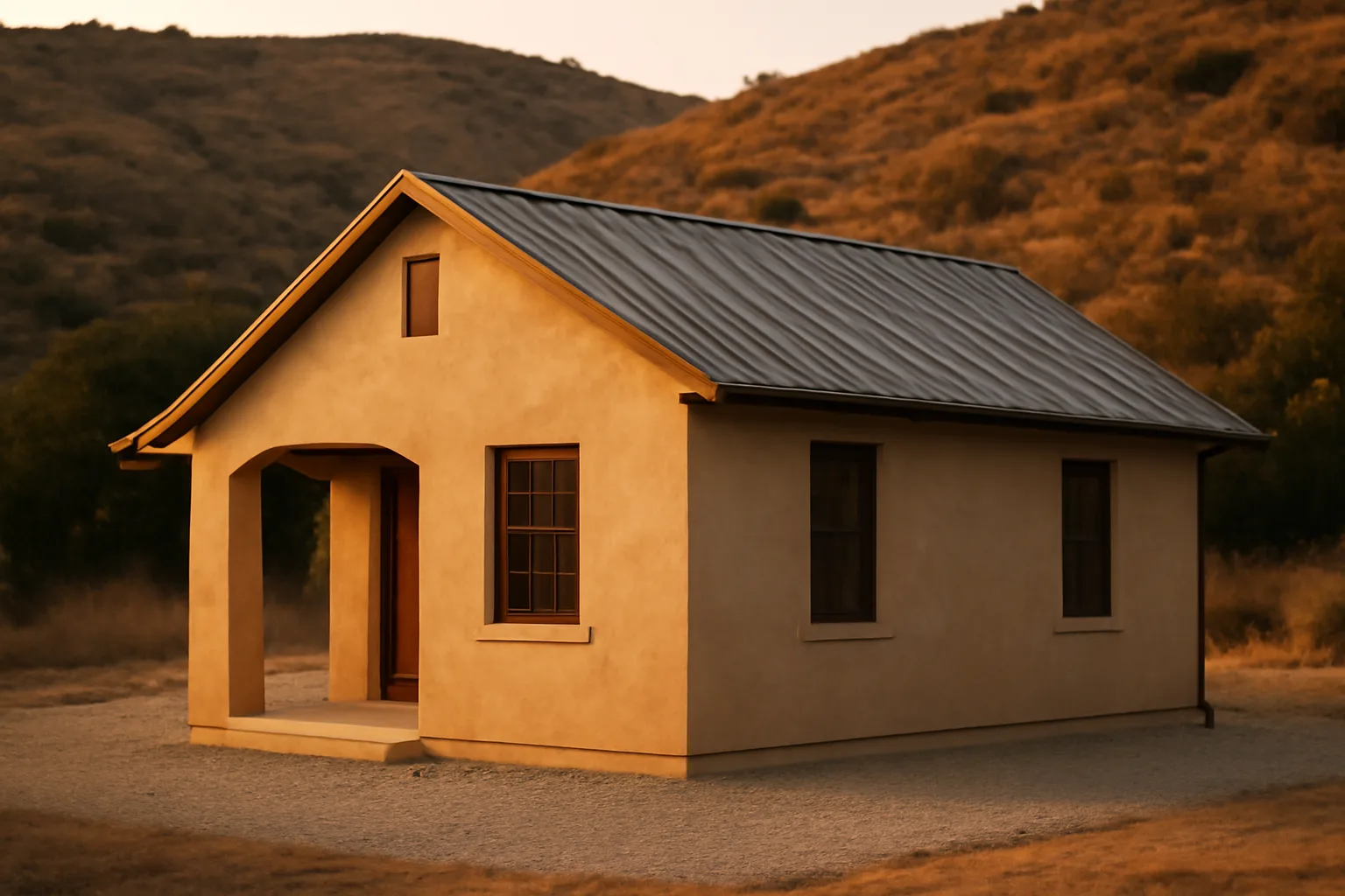 Stucco home with metal roof and cleared gravel perimeter against a dry hillside