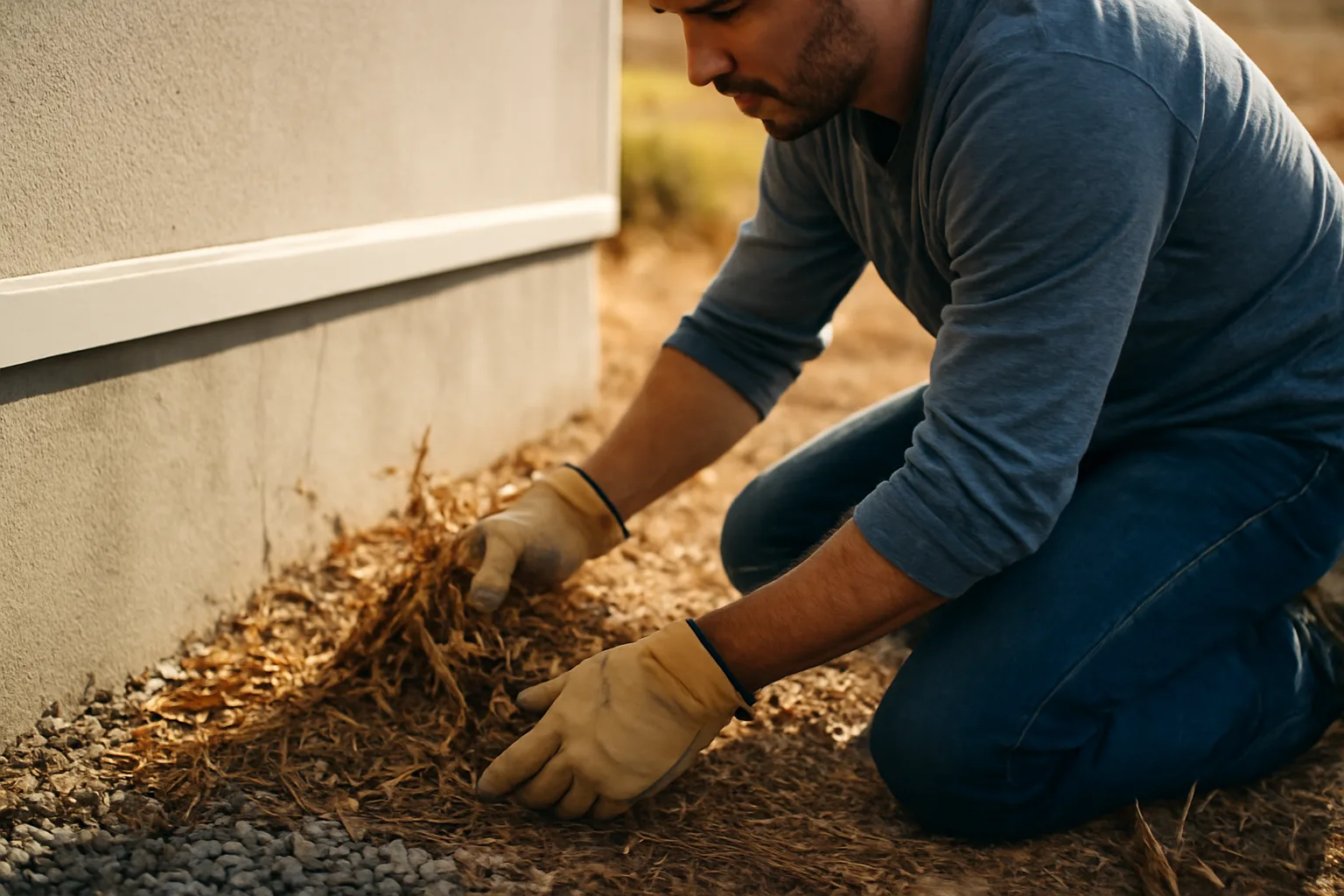 Homeowner clearing dry leaves from a five foot defensible space zone near a house foundation