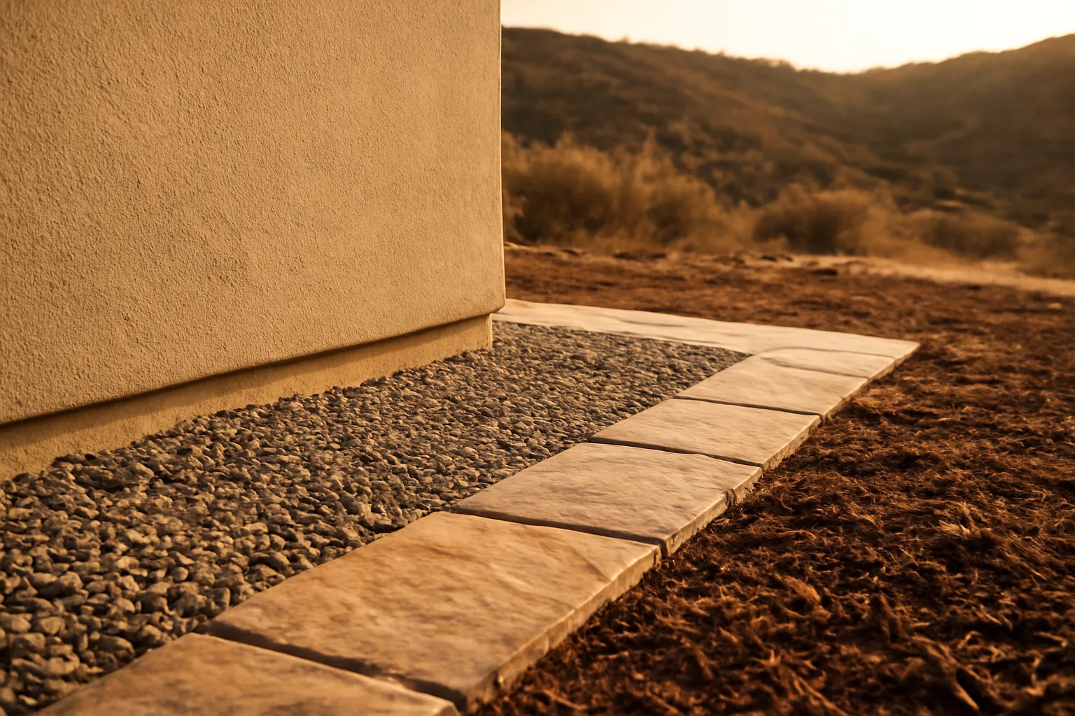 Gravel and stone clearance zone around a fire safe home foundation with brushy hillside beyond